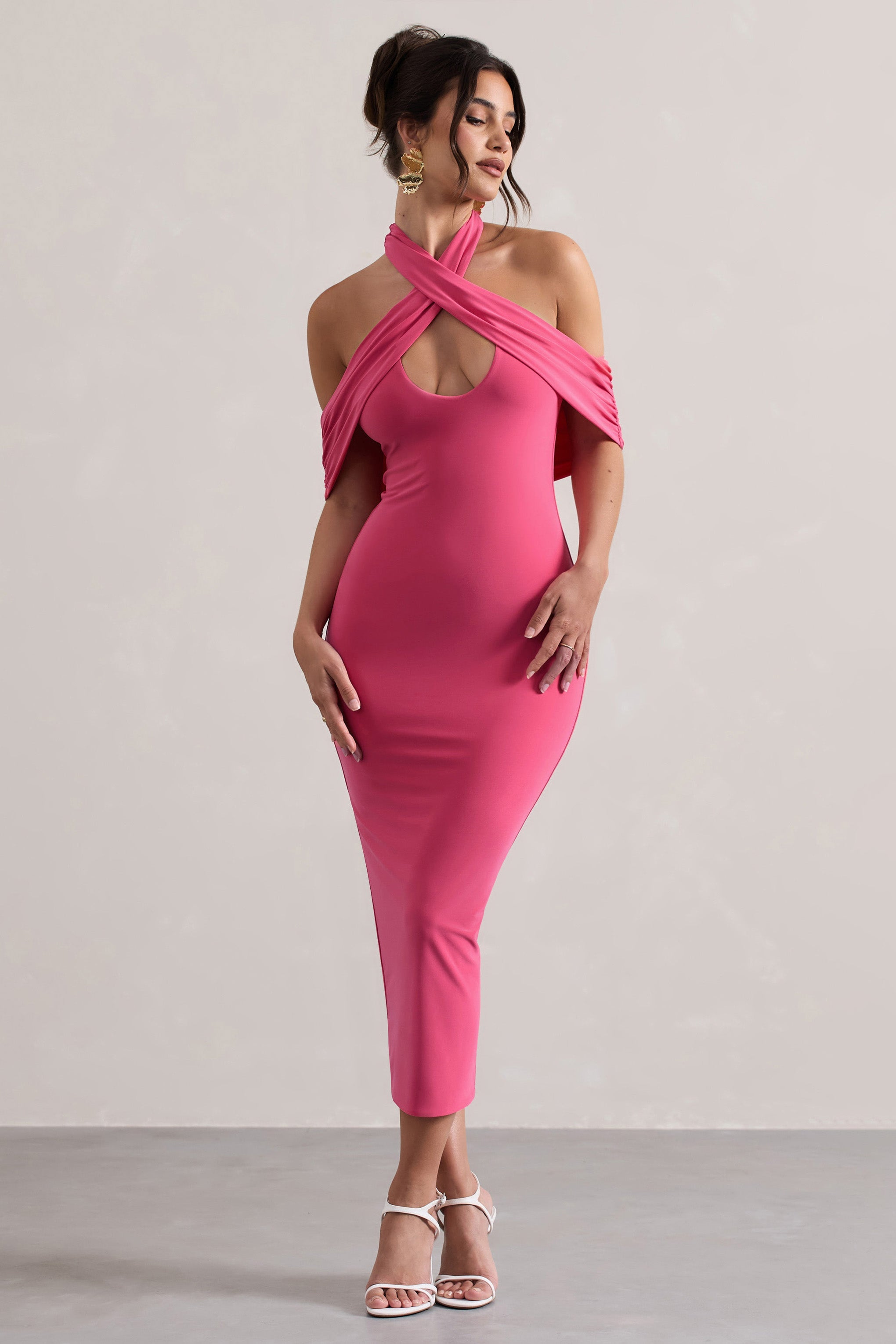 Bağlantı | Kesik Detaylı Pembe Bodycon Halter-Yaka Midi Elbise