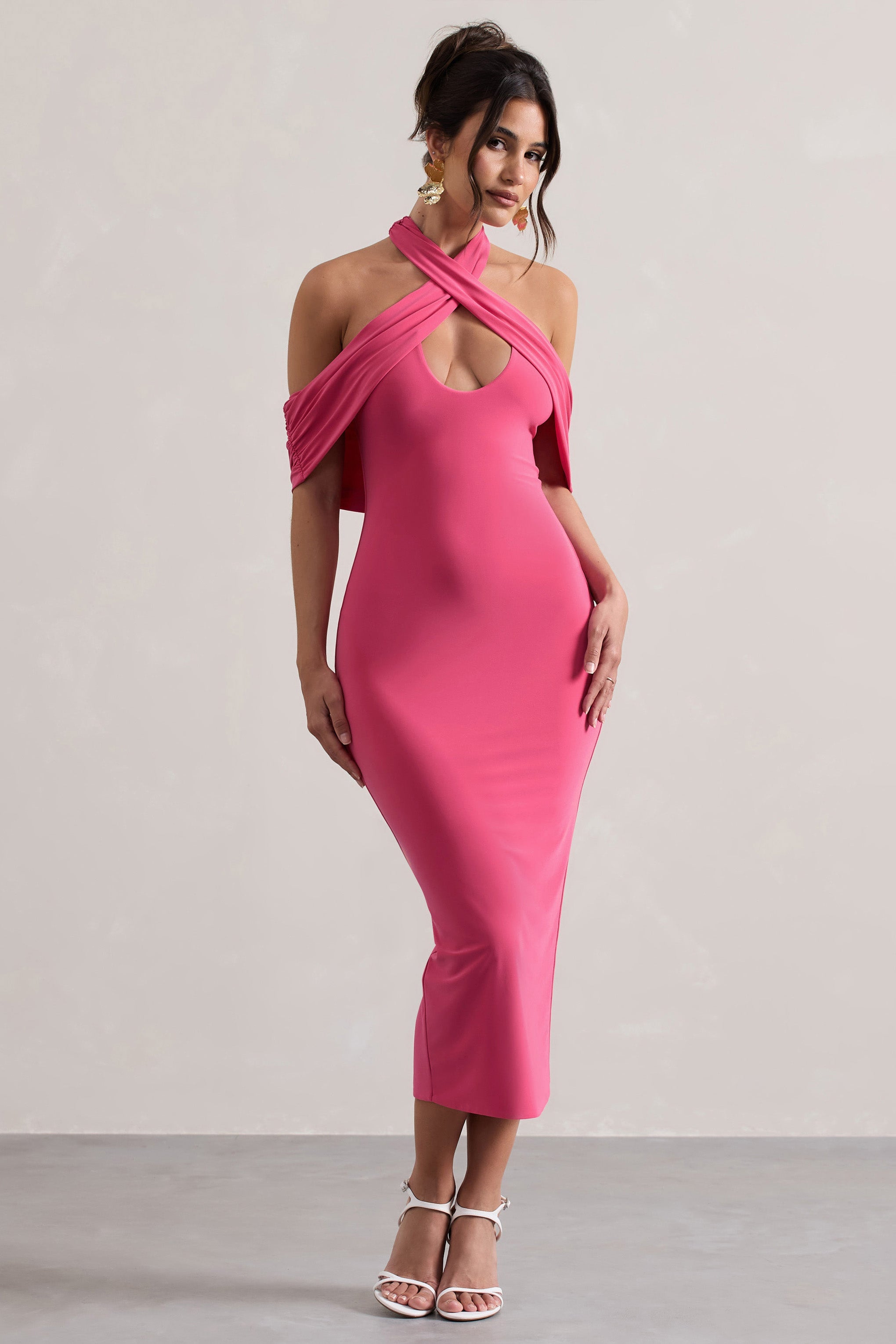Bağlantı | Kesik Detaylı Pembe Bodycon Halter-Yaka Midi Elbise