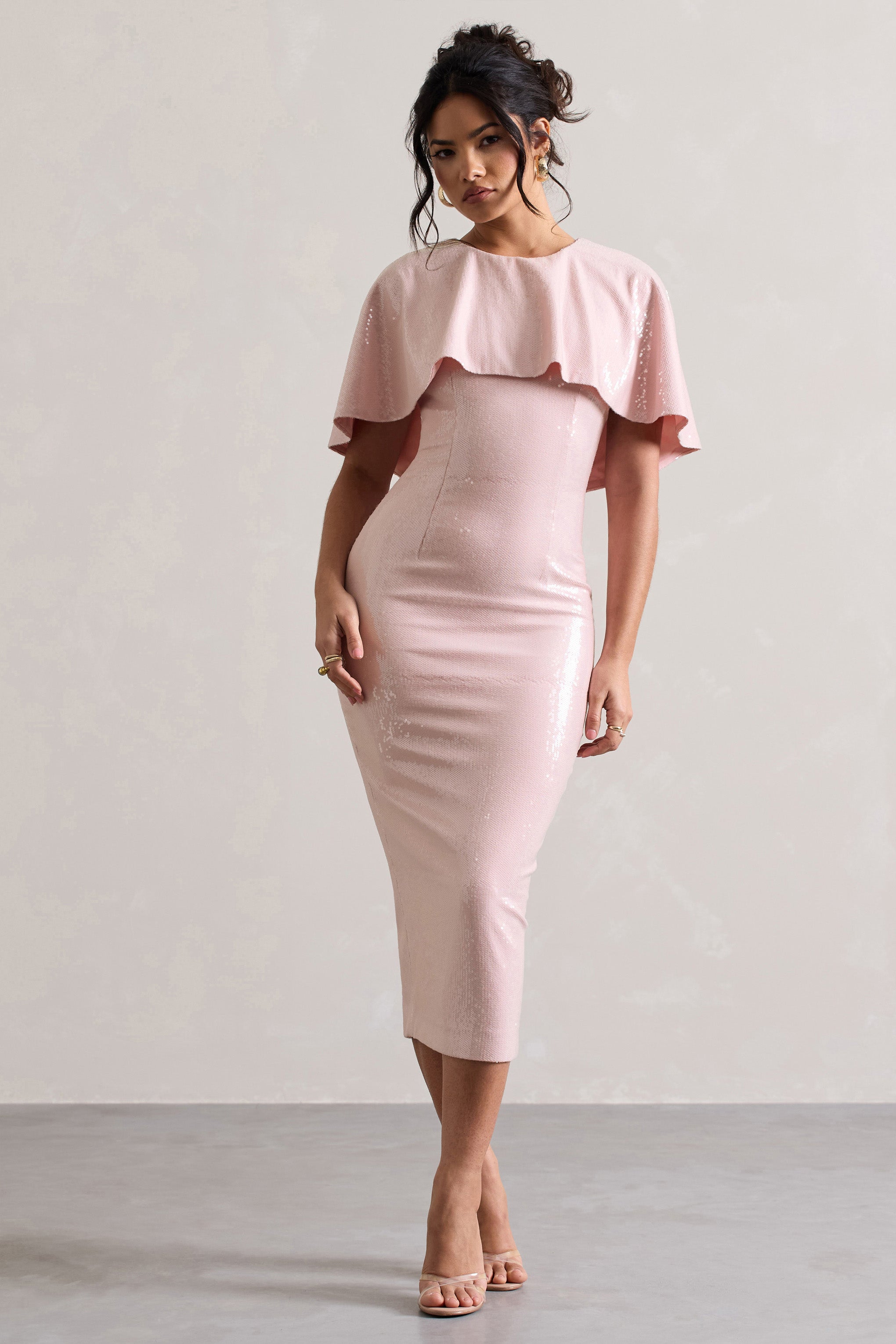 Amelie | Pastel Pembe Payet Midi Elbise Pelerinle