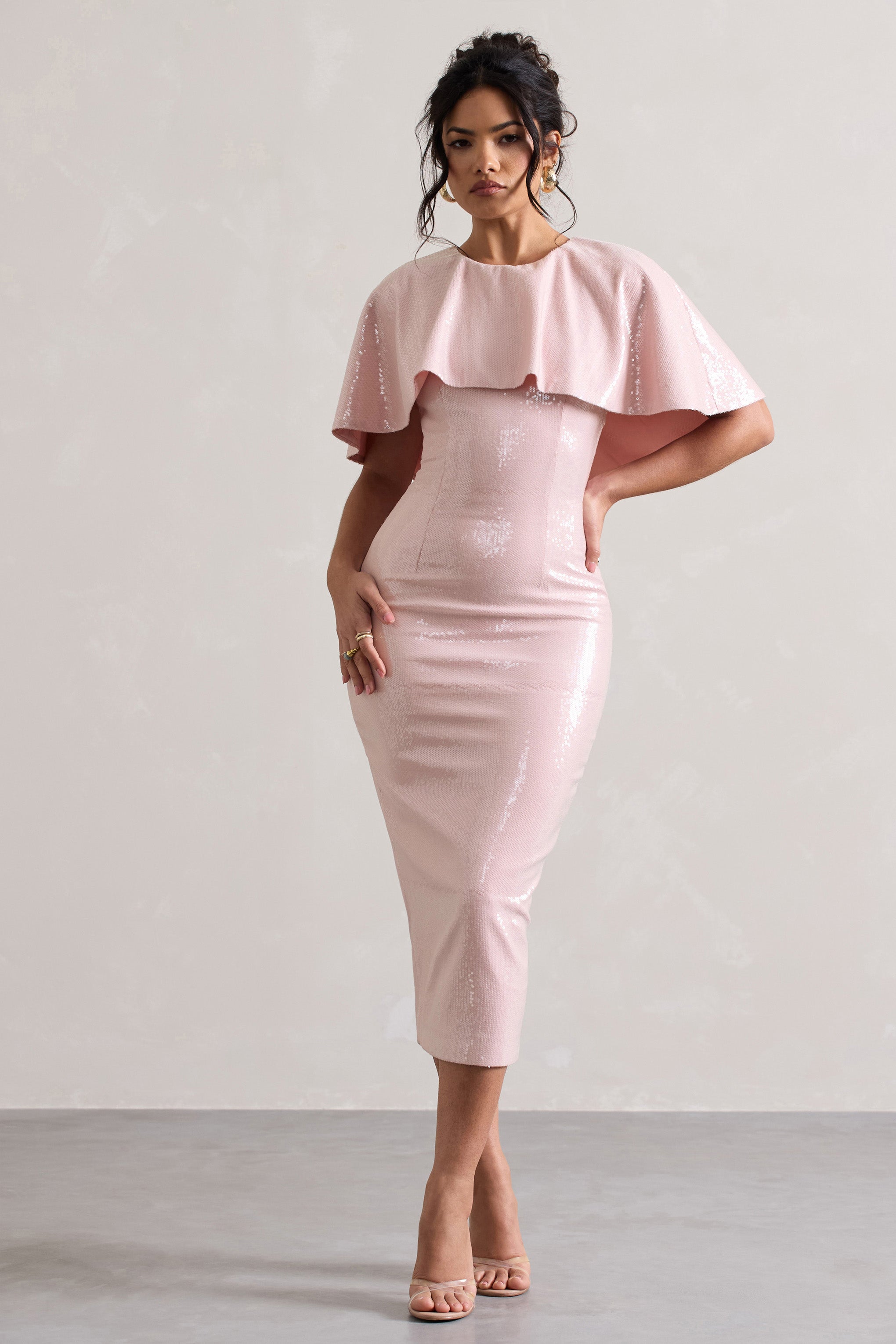 Amelie | Pastel Pembe Payet Midi Elbise Pelerinle