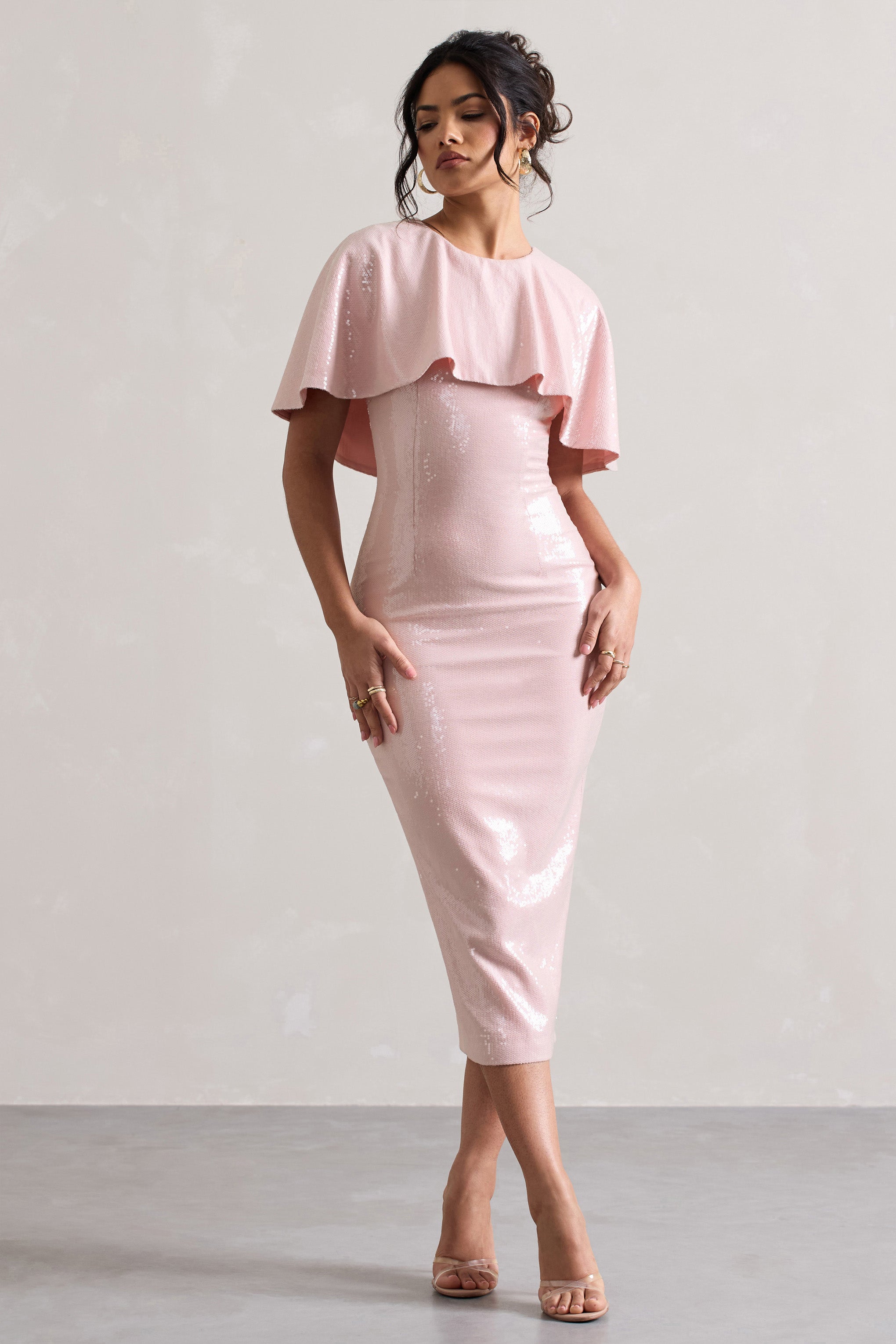 Amelie | Pastel Pembe Payet Midi Elbise Pelerinle