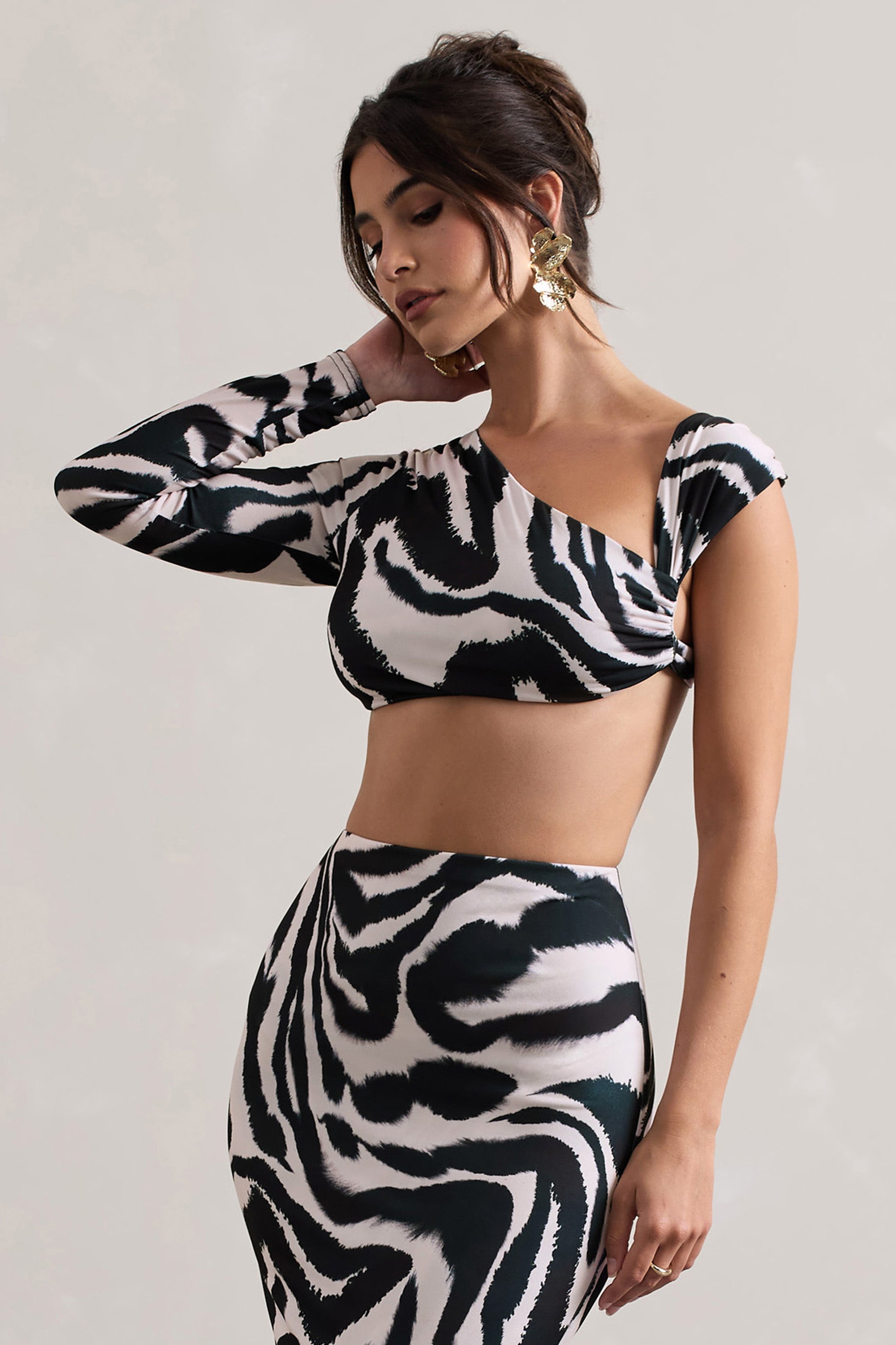 Agalia | Zebra Desenli Ruched Asimetrik Tek Kol Crop Üst