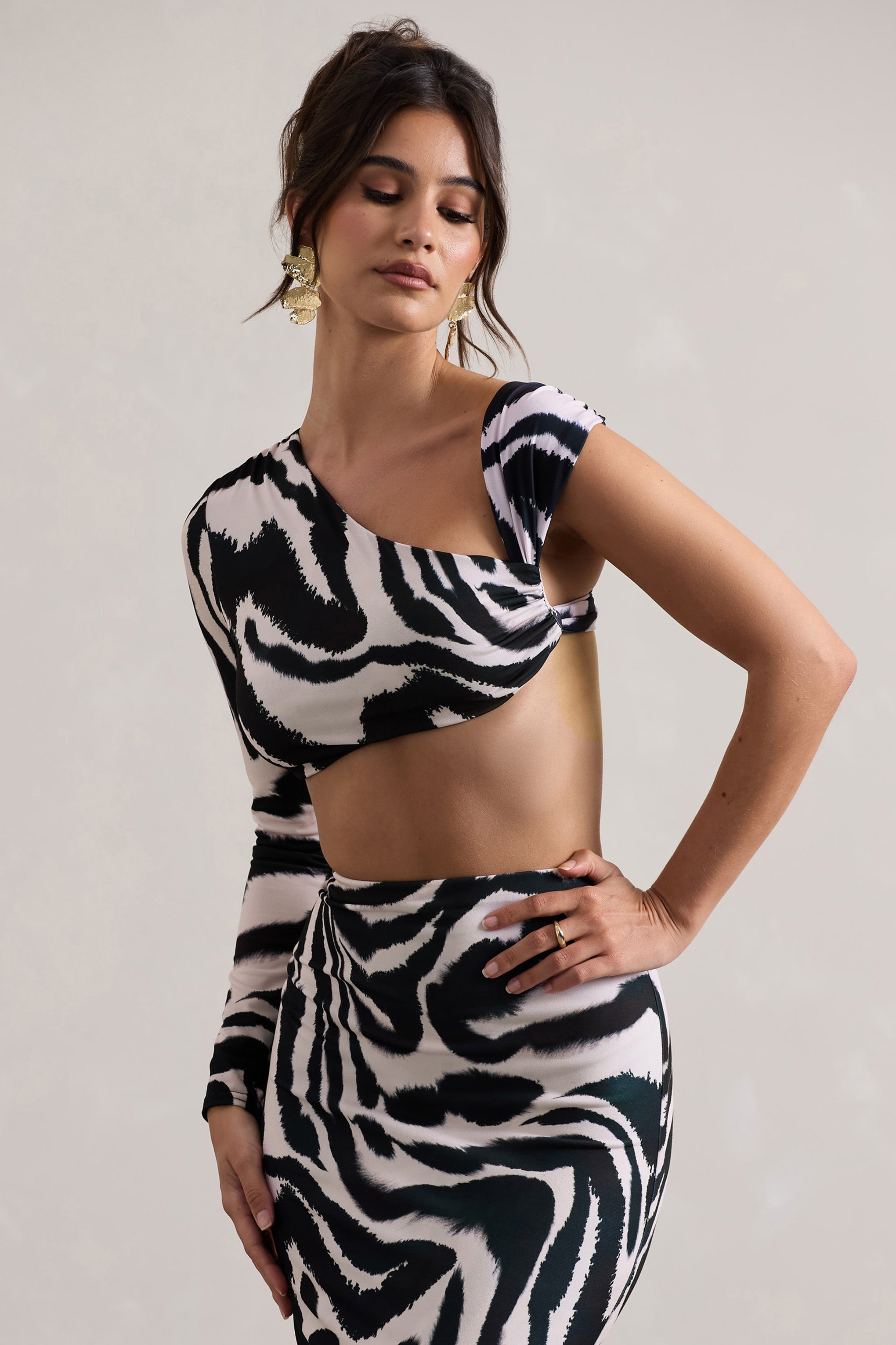 Agalia | Zebra Desenli Ruched Asimetrik Tek Kol Crop Üst