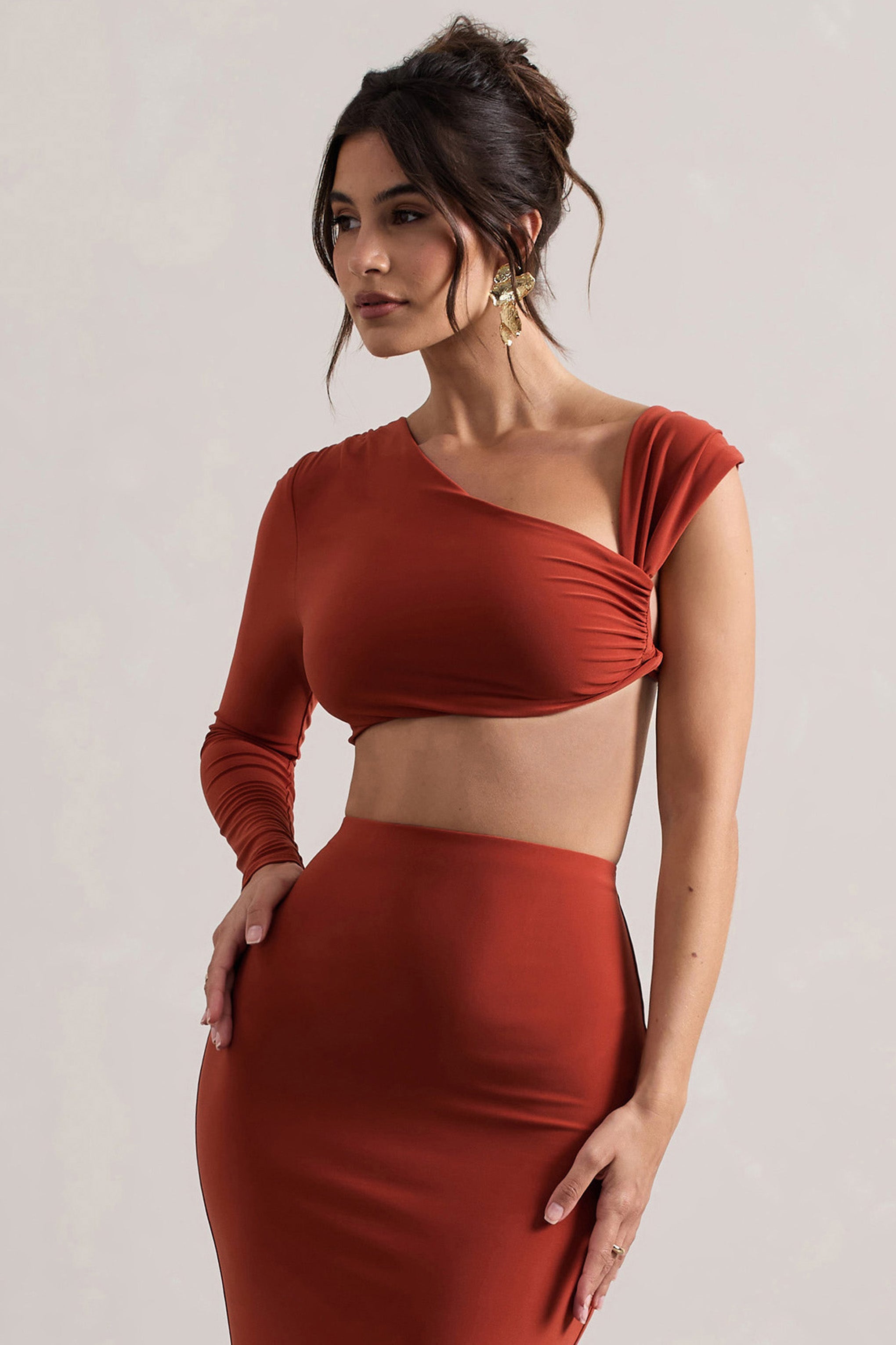 Agalia | Terracotta Fırfırlı Asimetrik Tek Kol Crop Top