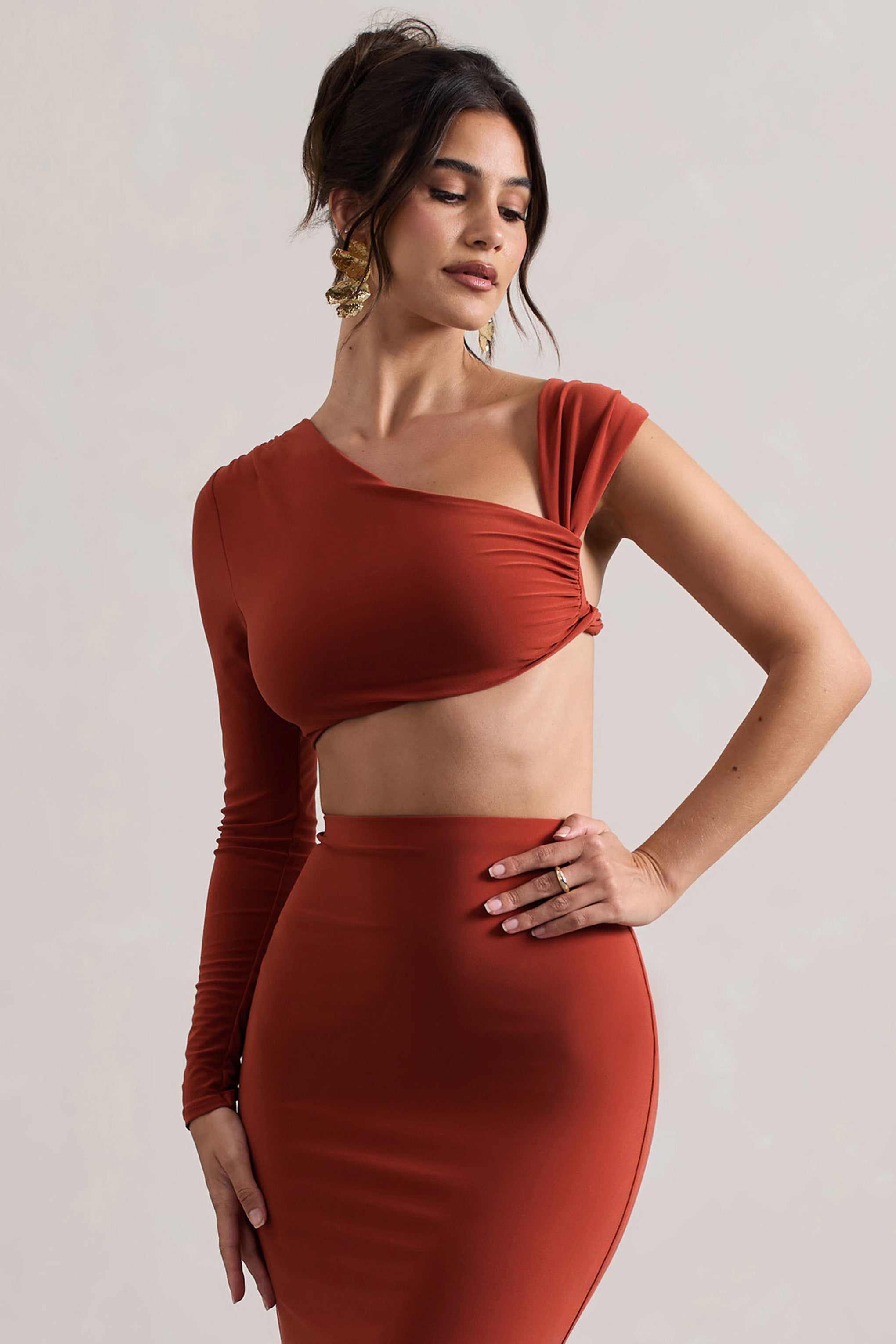Agalia | Terracotta Fırfırlı Asimetrik Tek Kol Crop Top