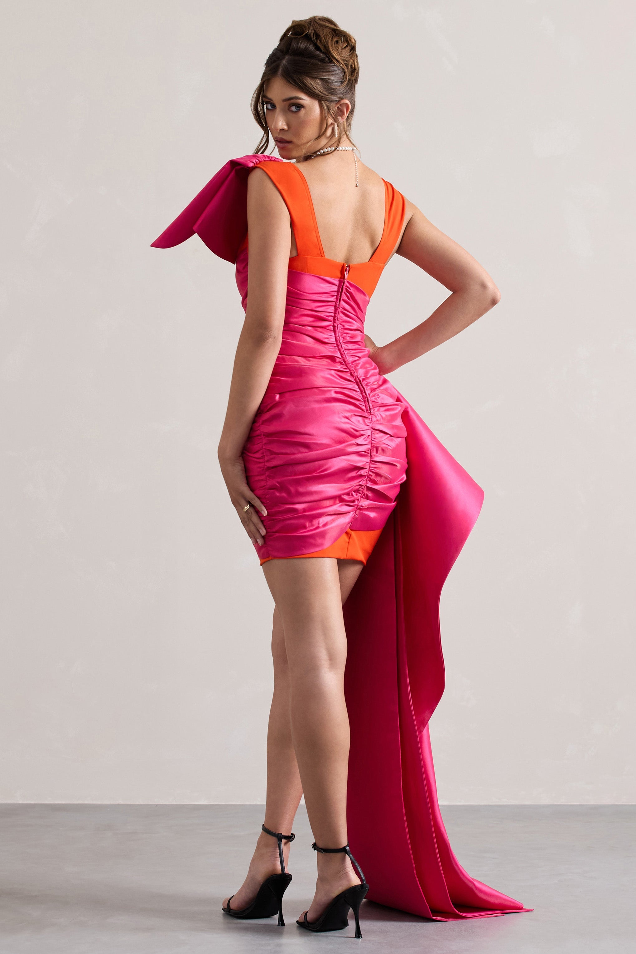 Nadir | Pembe ve Turuncu Saten Sarma Mini Elbise Peplum Drapeli
