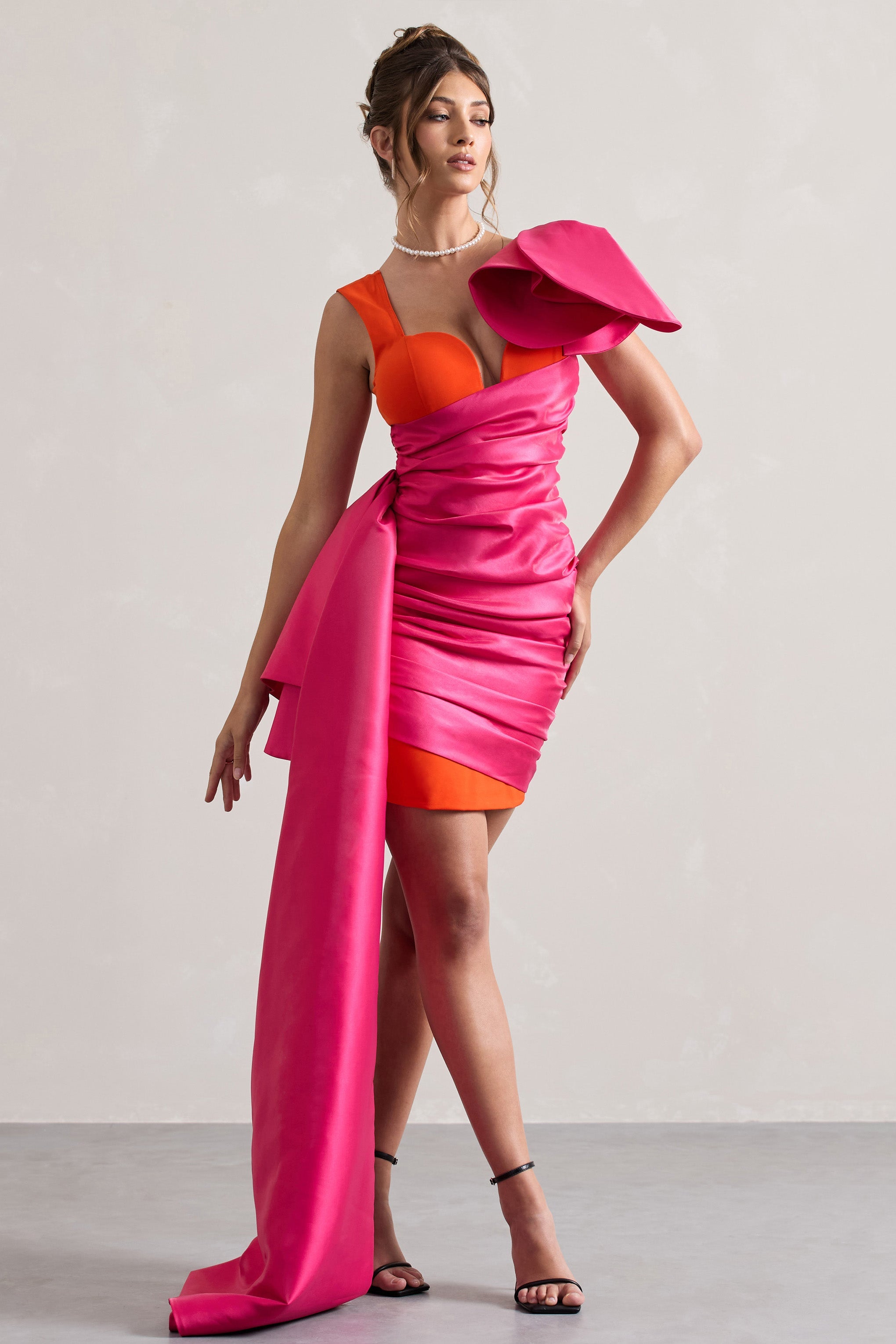 Nadir | Pembe ve Turuncu Saten Sarma Mini Elbise Peplum Drapeli