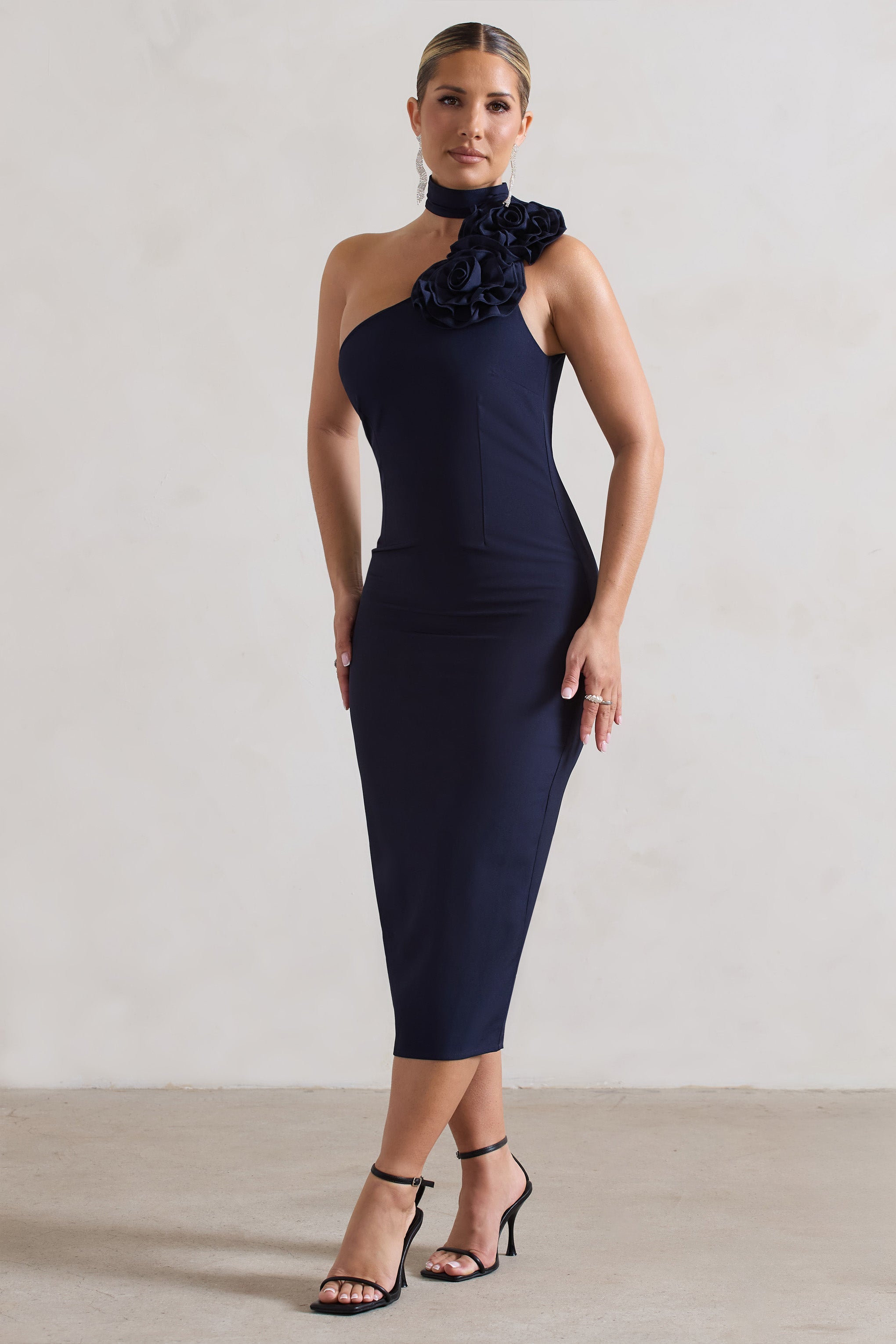 Soiree | Volanlı Choker Detaylı Lacivert Bodycon Midi Elbise