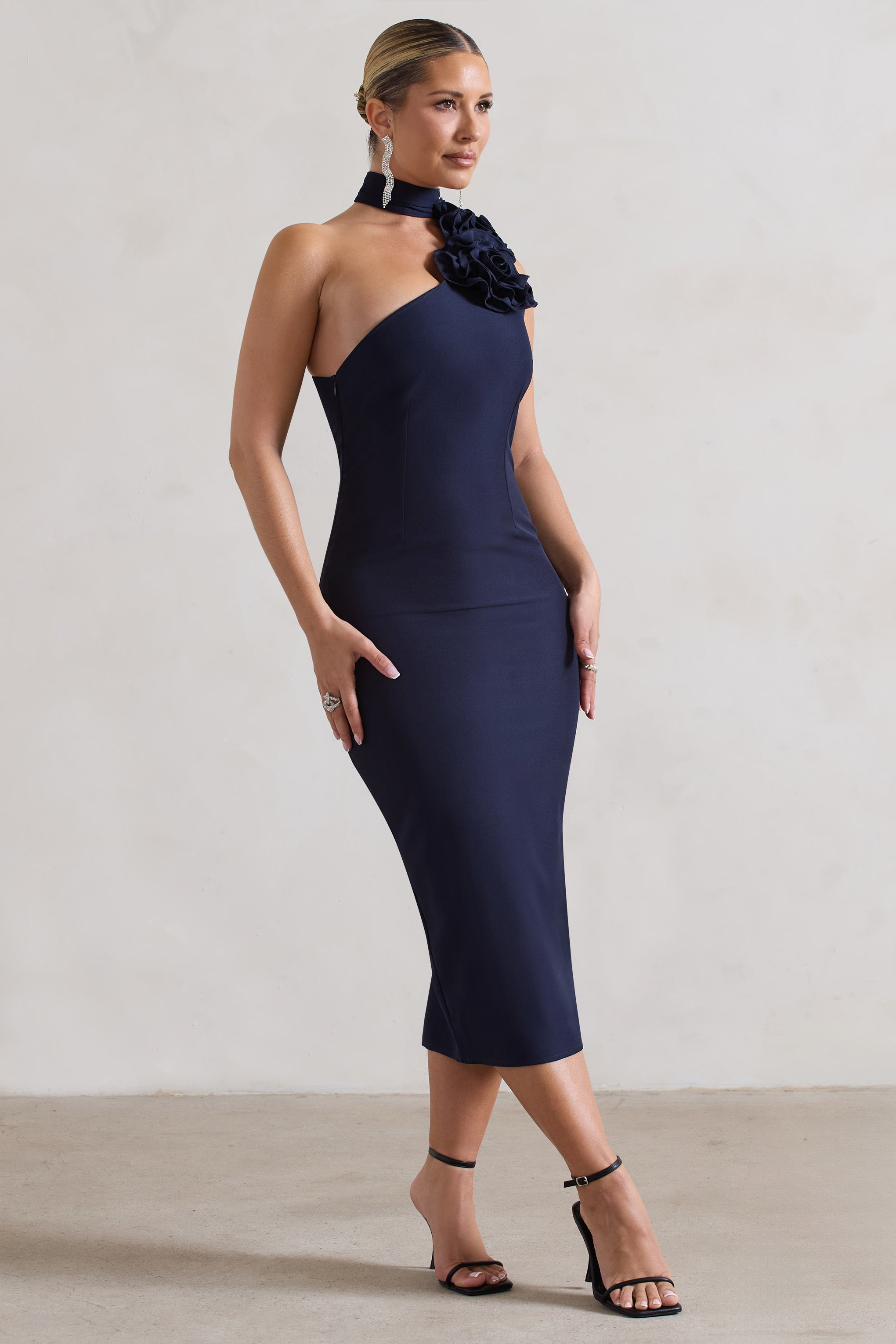 Soiree | Volanlı Choker Detaylı Lacivert Bodycon Midi Elbise