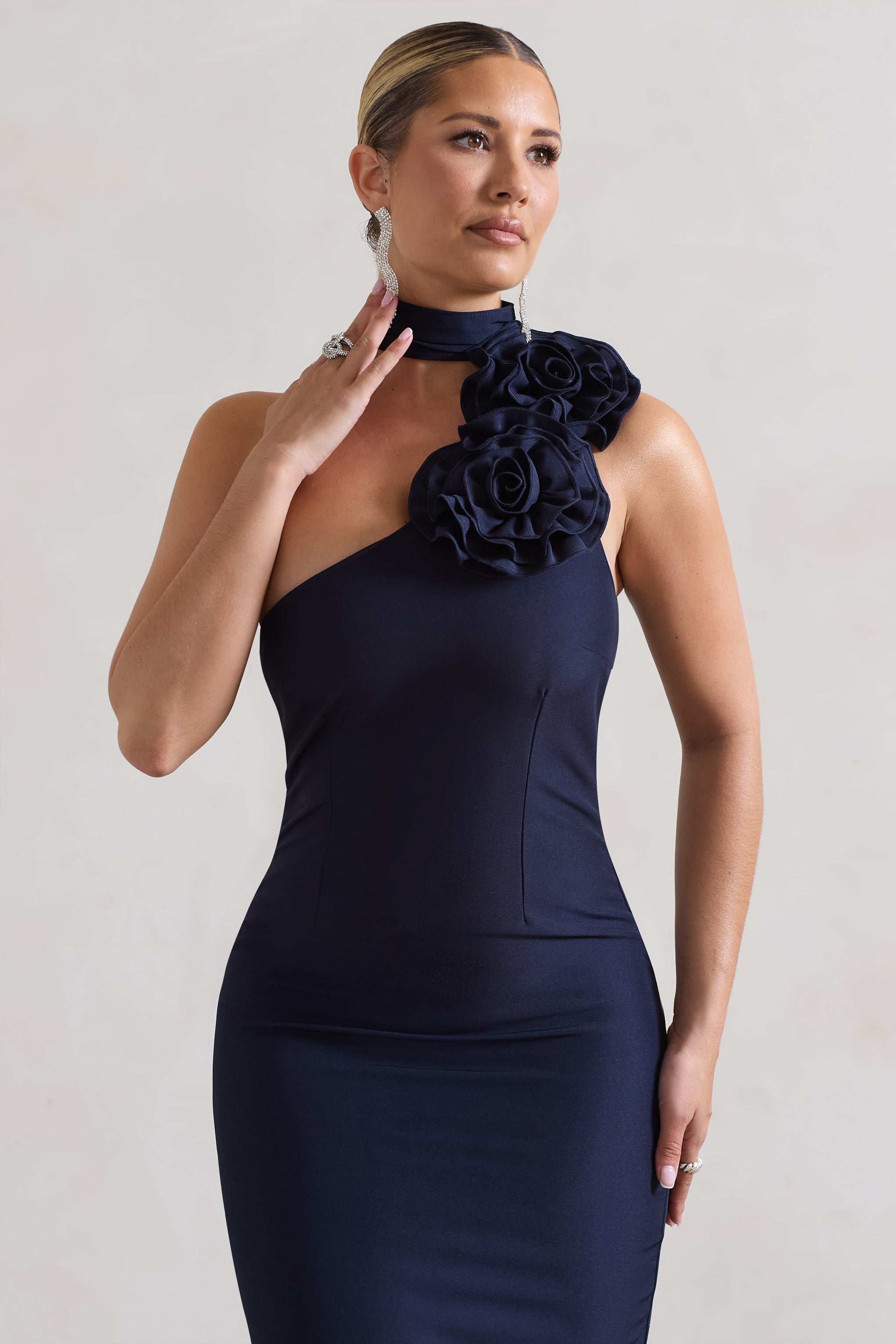 Soiree | Volanlı Choker Detaylı Lacivert Bodycon Midi Elbise