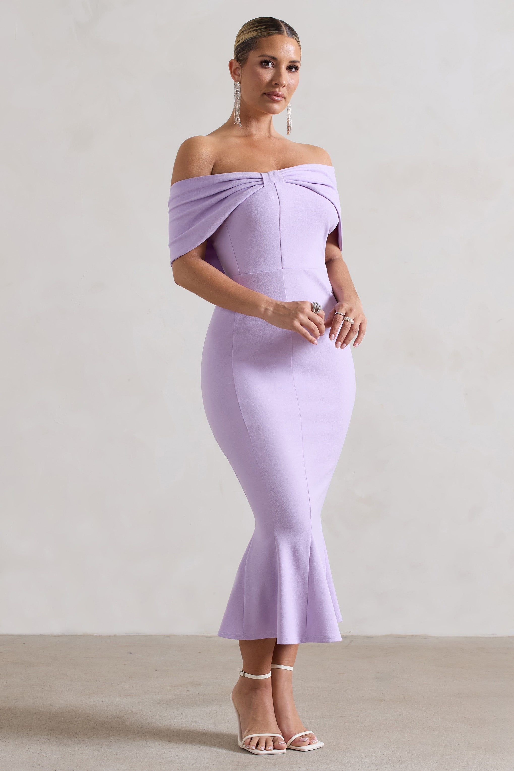 Lydia | Pastel Leylak Bardot Fiyonk Detaylı Midi Elbise