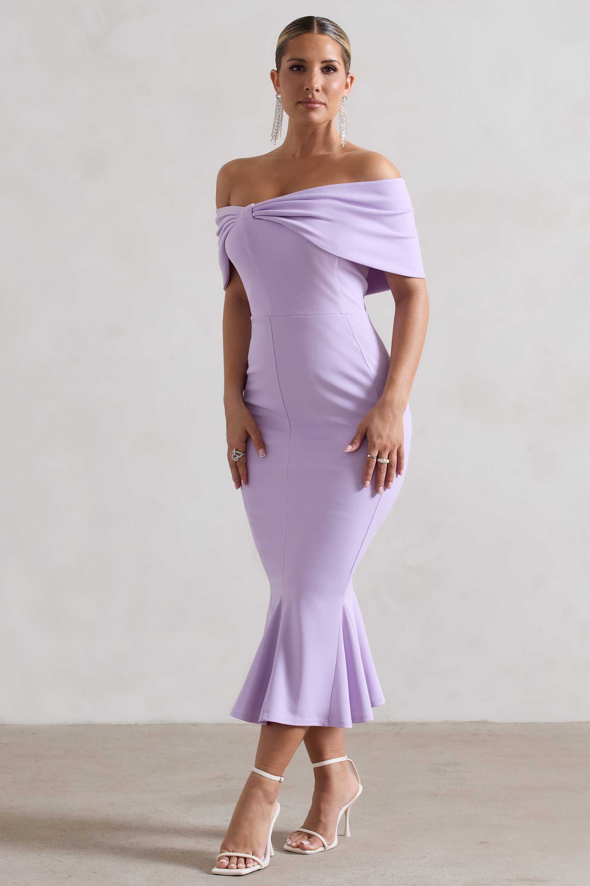 Lydia | Pastel Leylak Bardot Fiyonk Detaylı Midi Elbise