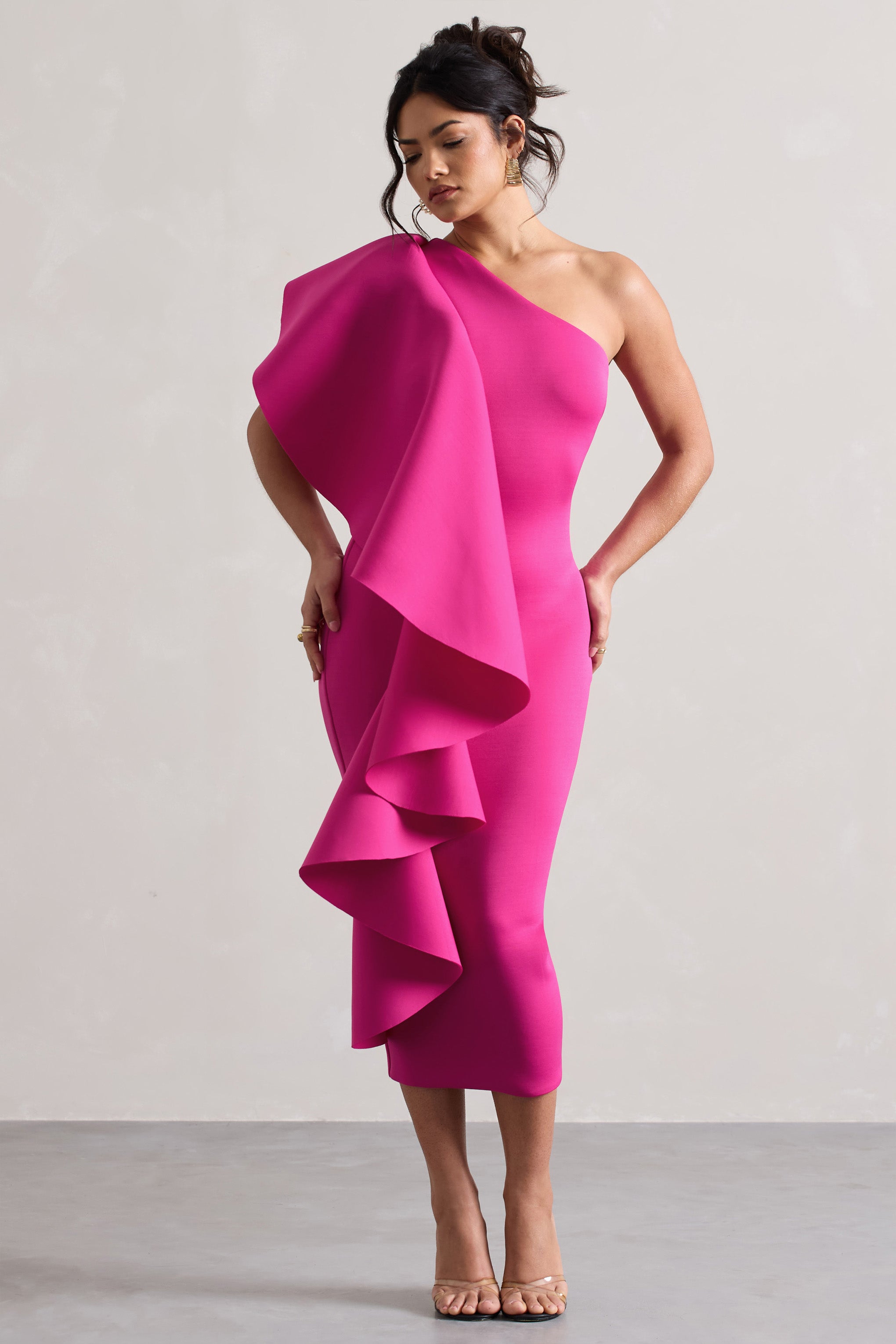 Polo | Koyu Pembe Tek Omuzlu Bodycon Midi Elbise, Volan Detaylı
