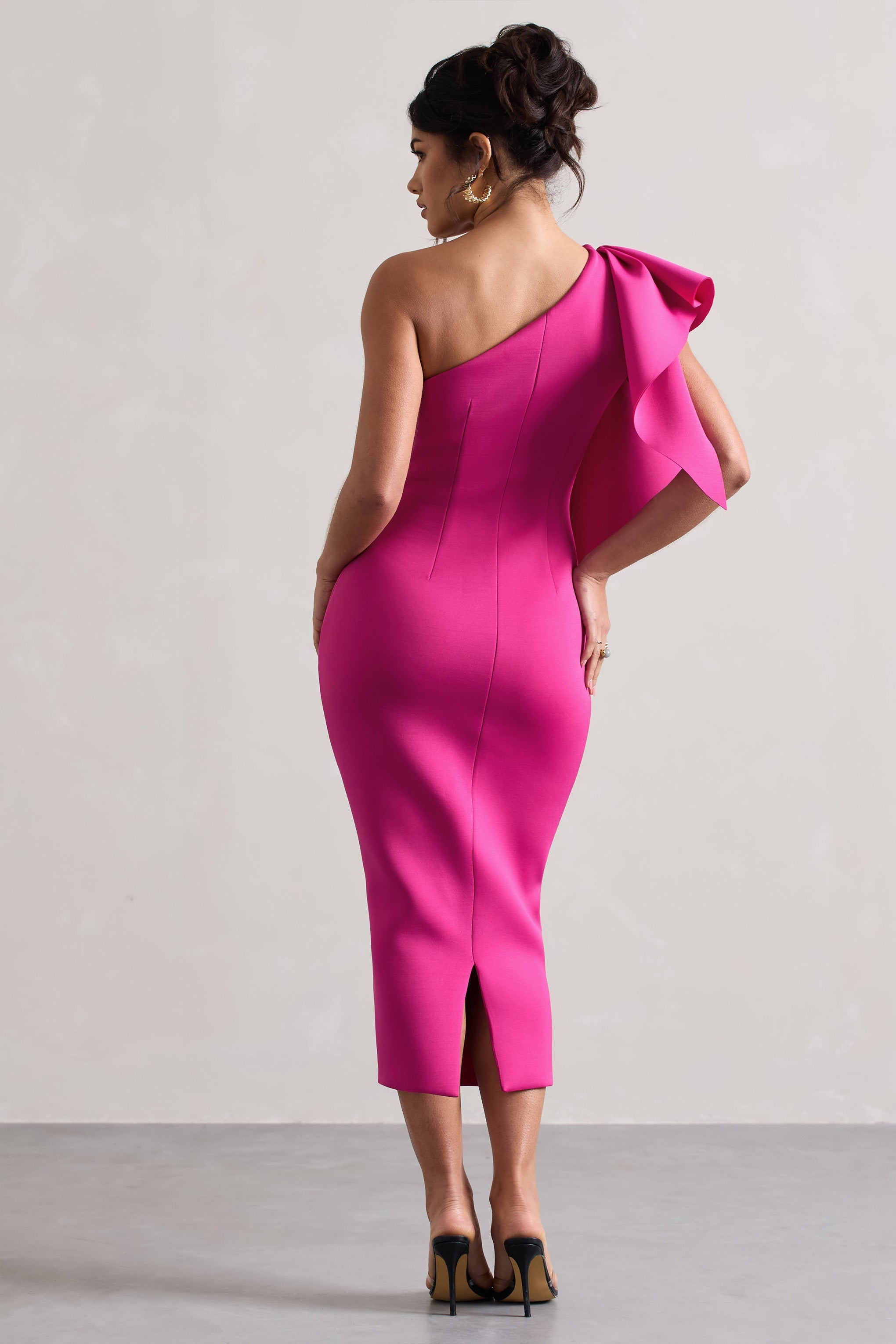 Polo | Koyu Pembe Tek Omuzlu Bodycon Midi Elbise, Volan Detaylı