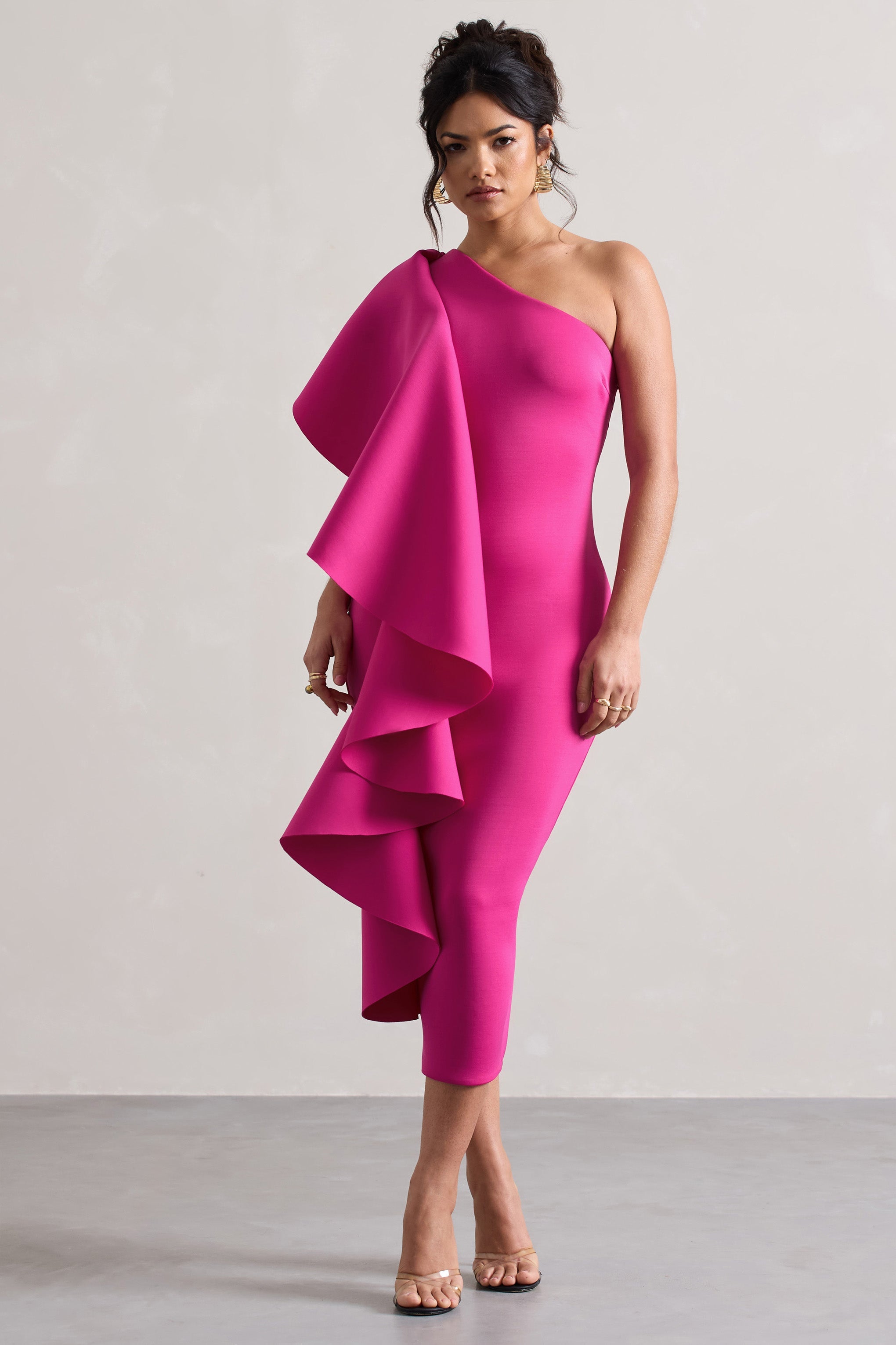 Polo | Koyu Pembe Tek Omuzlu Bodycon Midi Elbise, Volan Detaylı