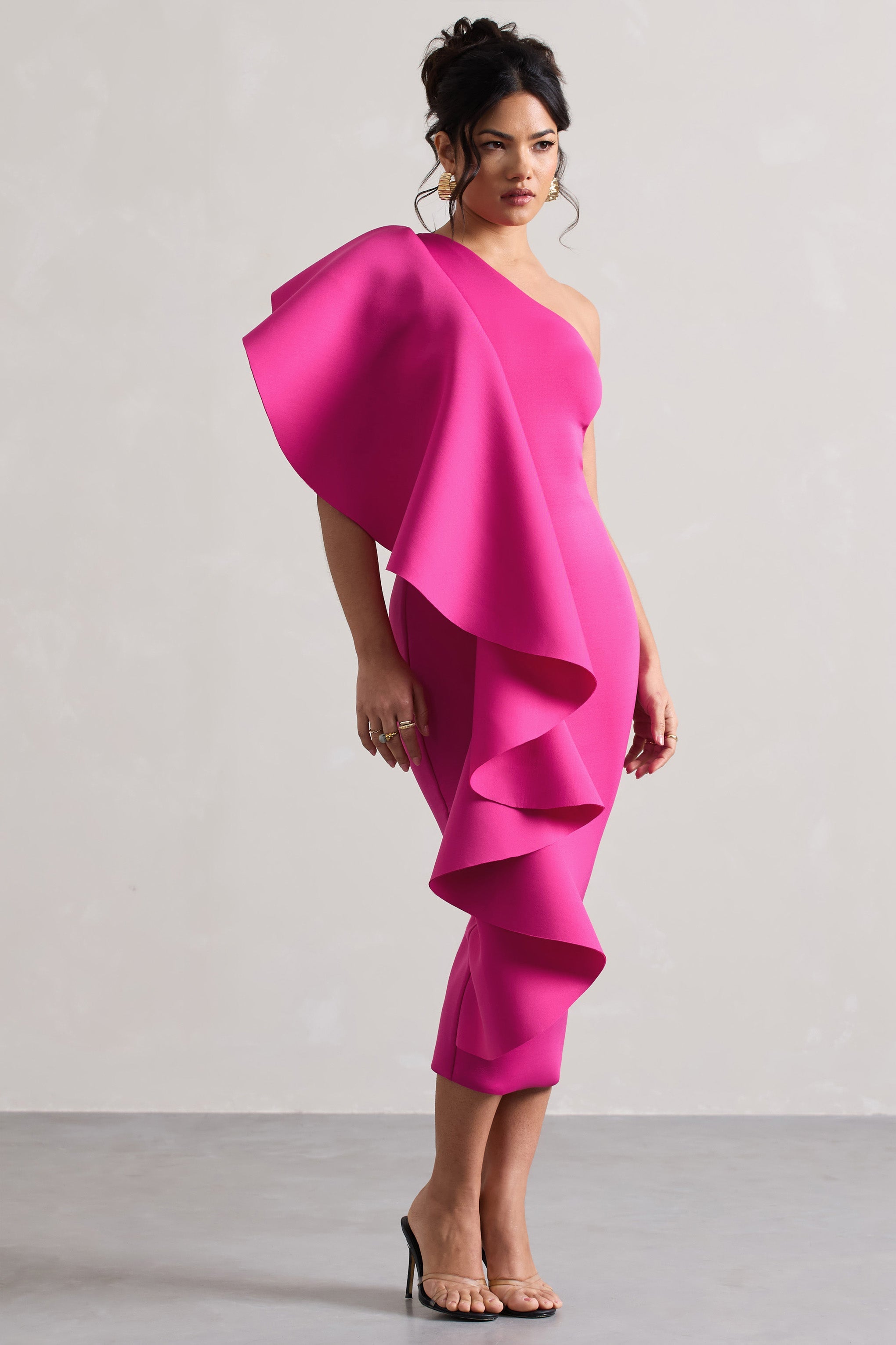 Polo | Koyu Pembe Tek Omuzlu Bodycon Midi Elbise, Volan Detaylı