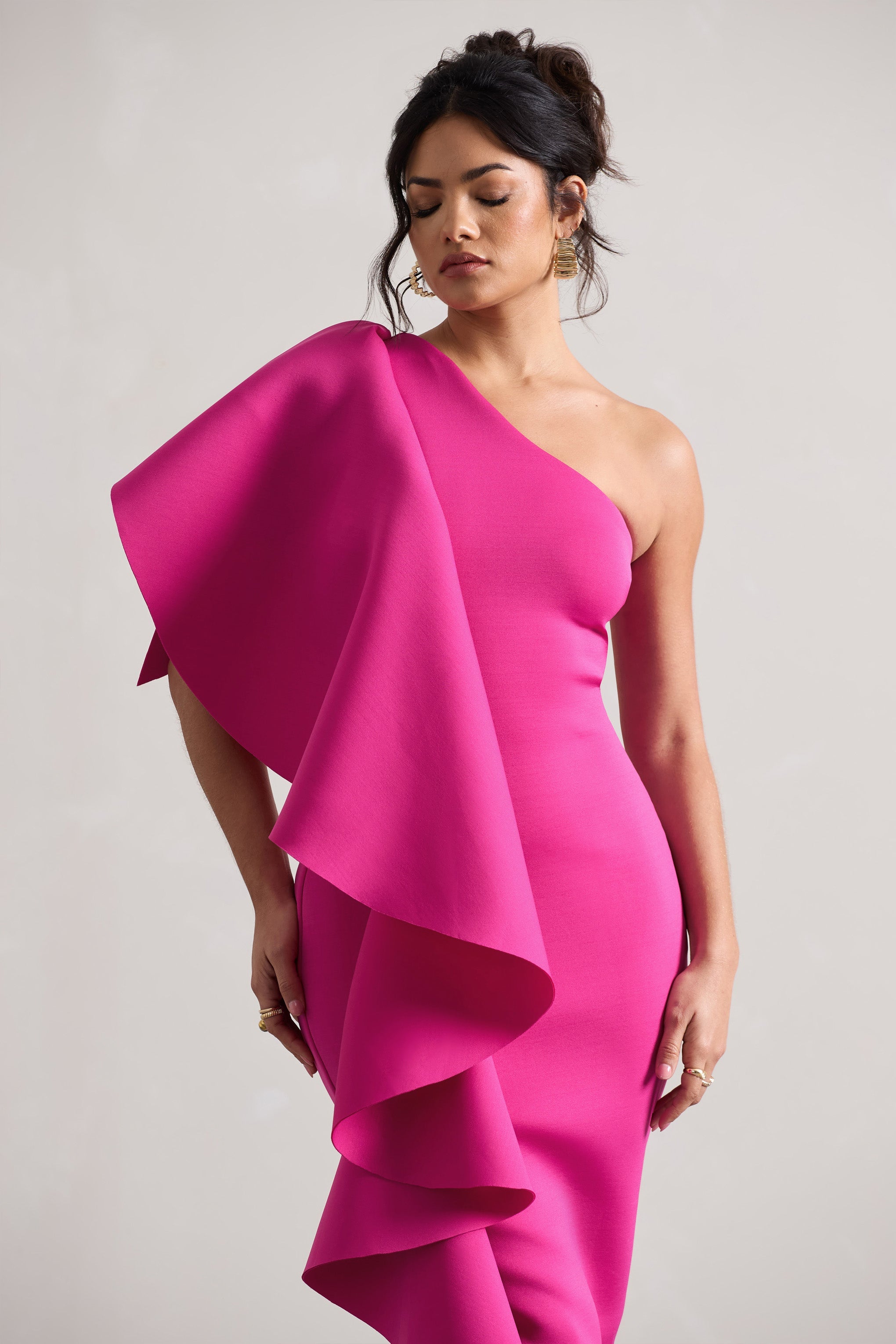 Polo | Koyu Pembe Tek Omuzlu Bodycon Midi Elbise, Volan Detaylı
