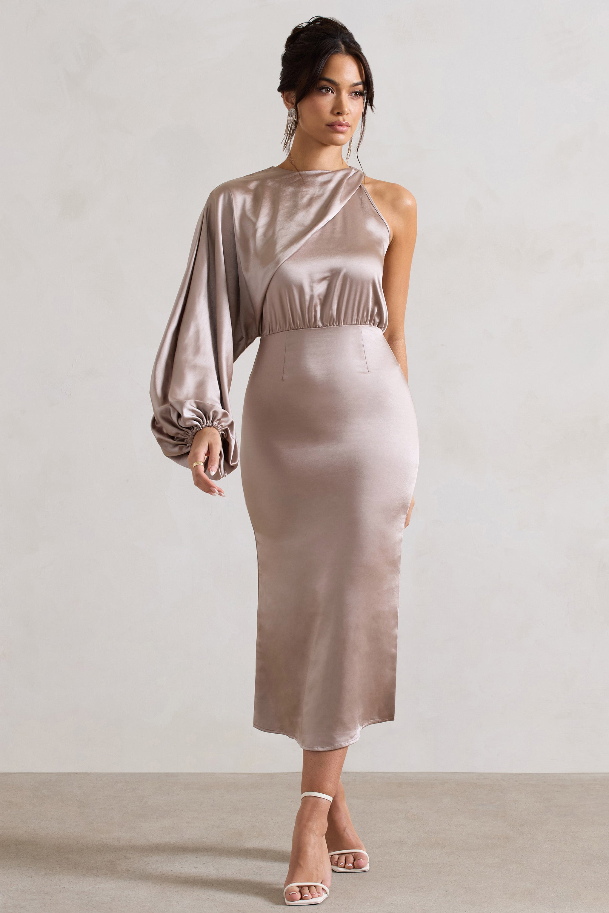 Nola | Taupe Saten Tek Kol Midi Elbise