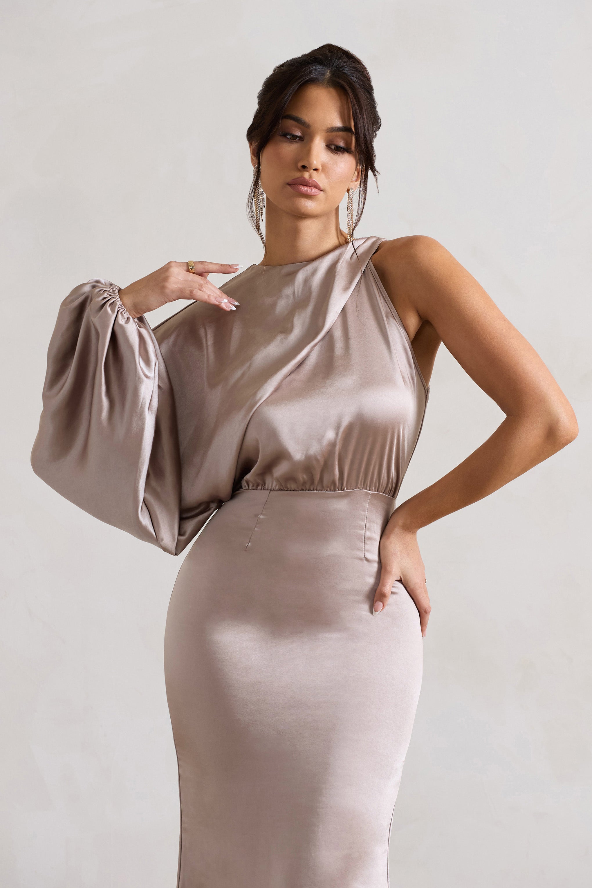 Nola | Taupe Saten Tek Kol Midi Elbise