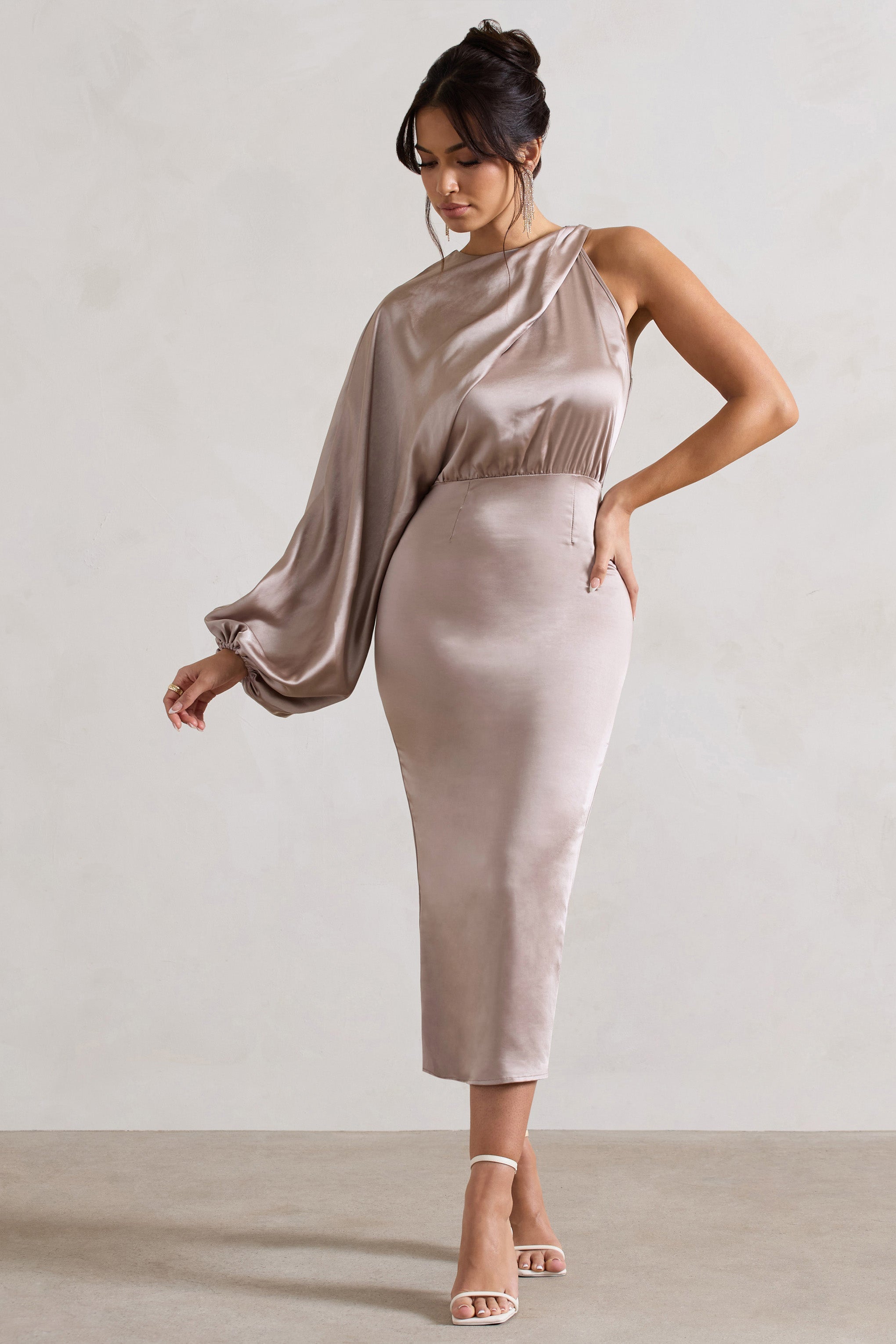 Nola | Taupe Saten Tek Kol Midi Elbise