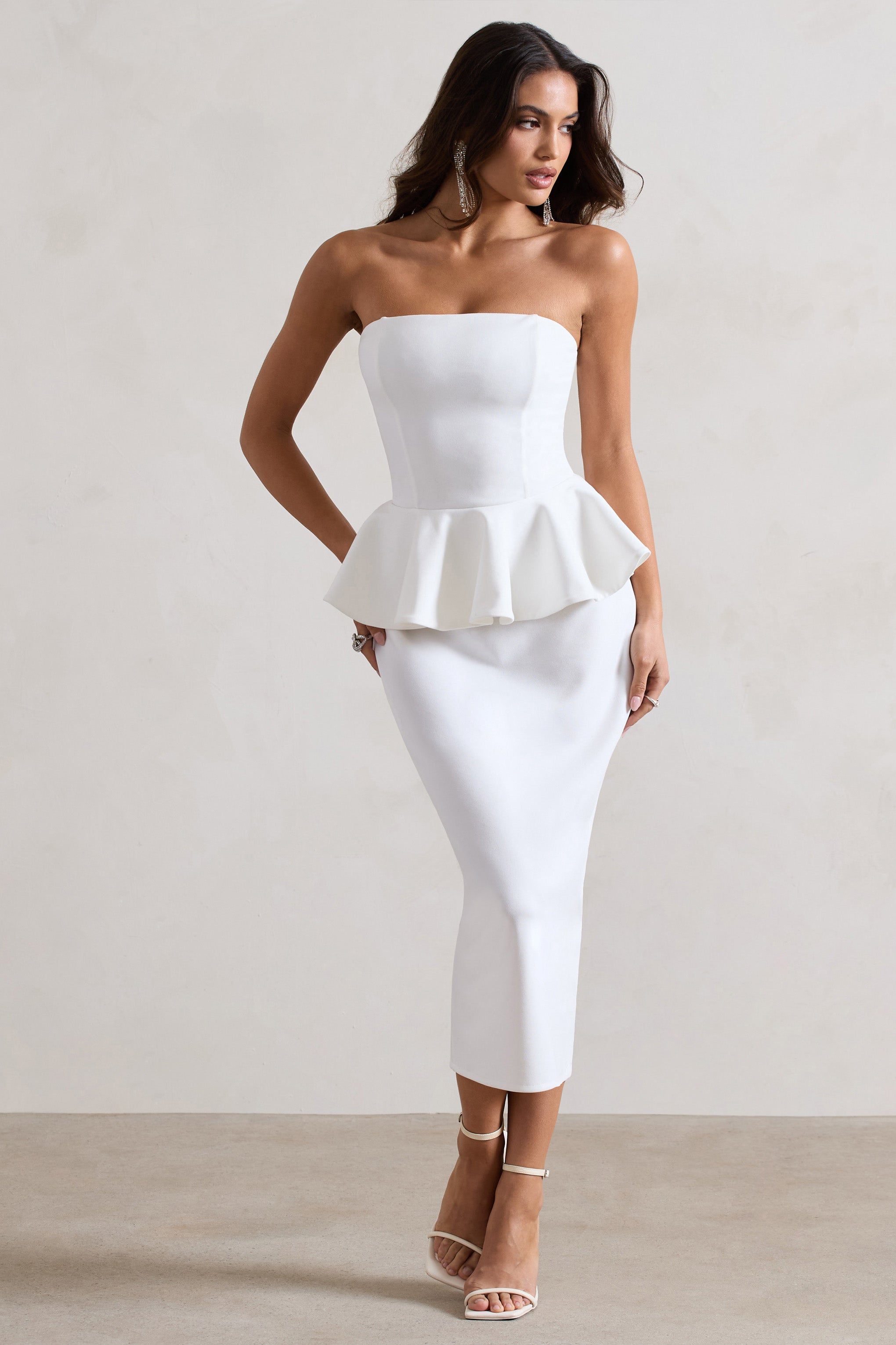 Chicago | Beyaz Bodycon Bandeau Midi Elbise Peplum Detaylı