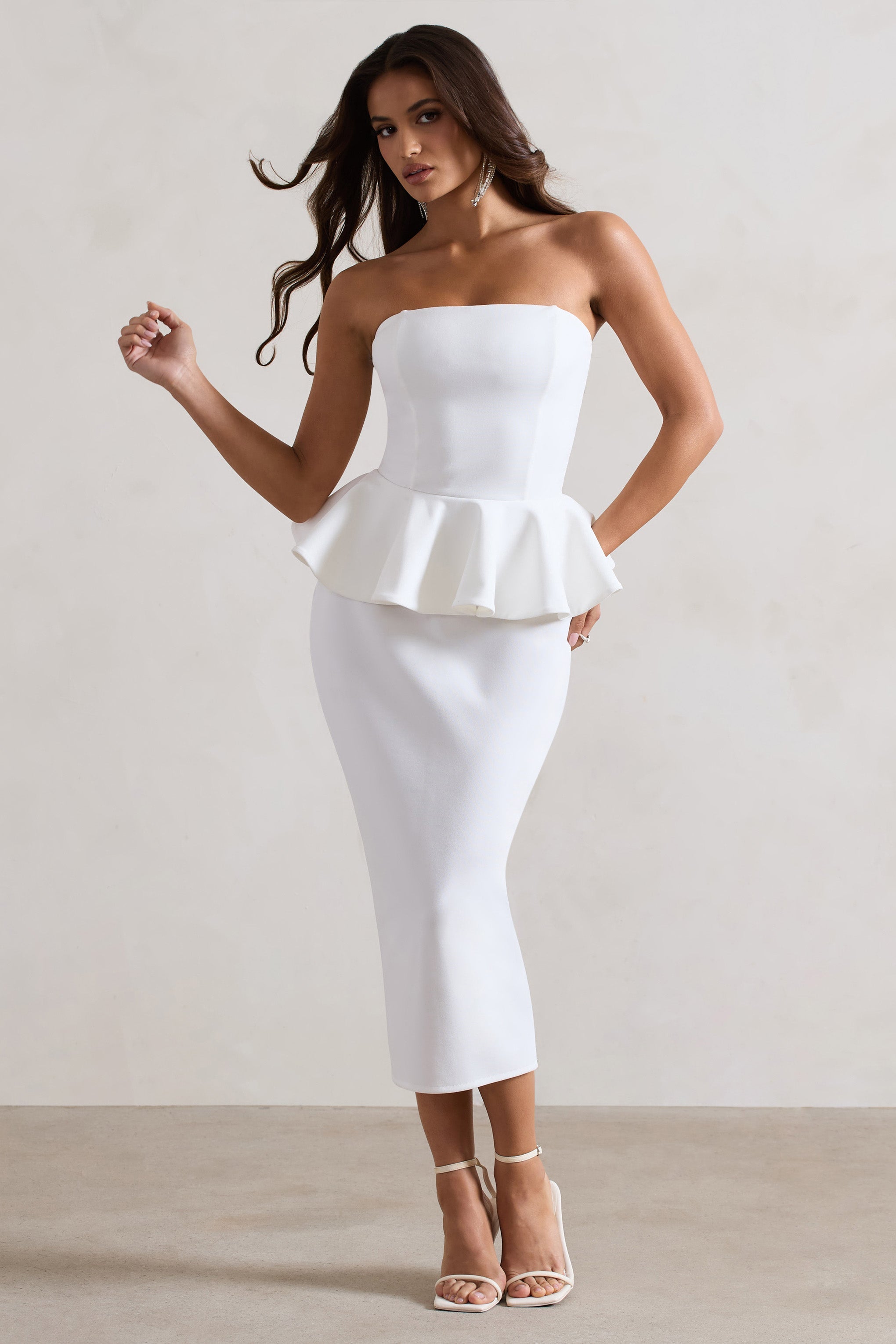 Chicago | Beyaz Bodycon Bandeau Midi Elbise Peplum Detaylı