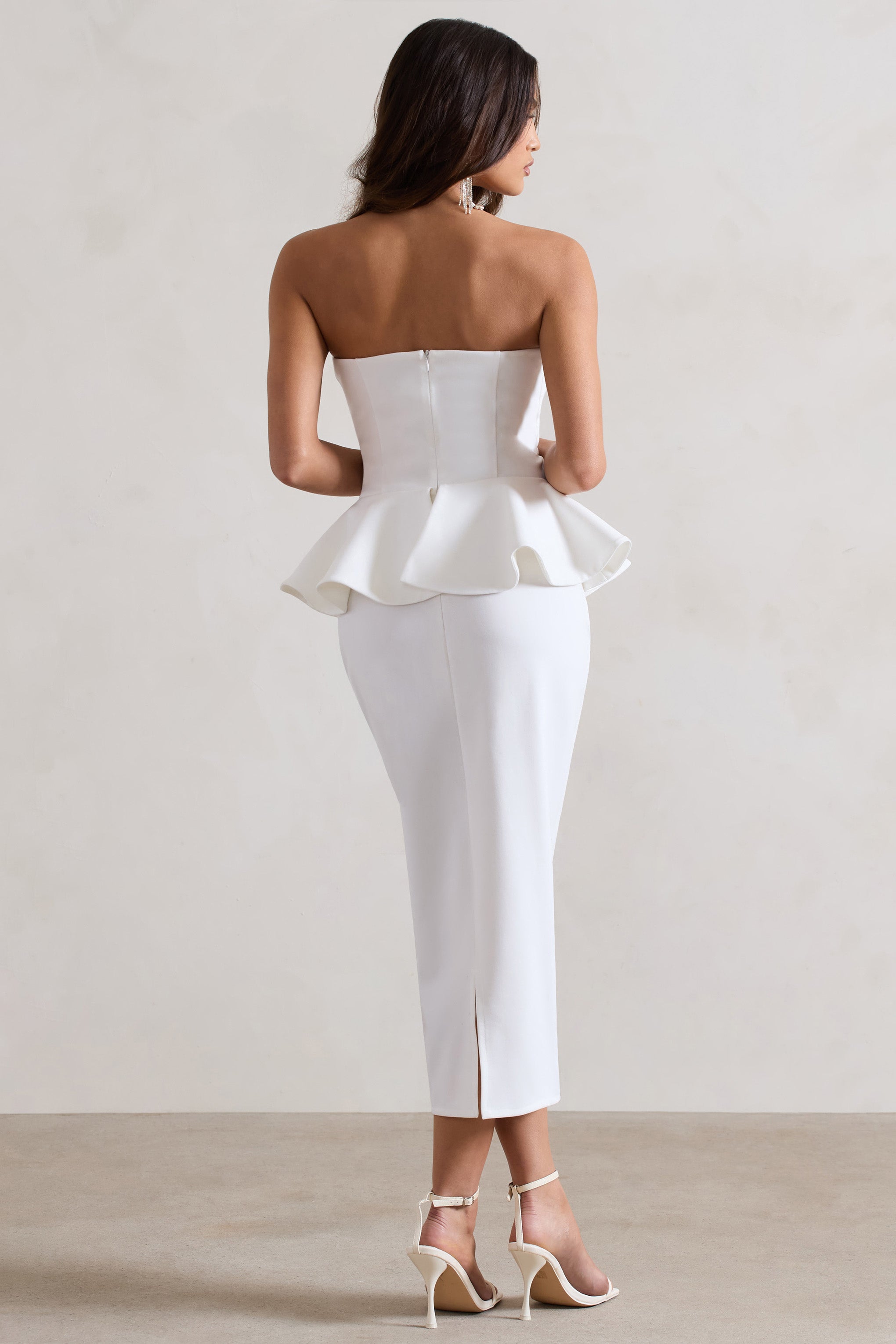 Chicago | Beyaz Bodycon Bandeau Midi Elbise Peplum Detaylı