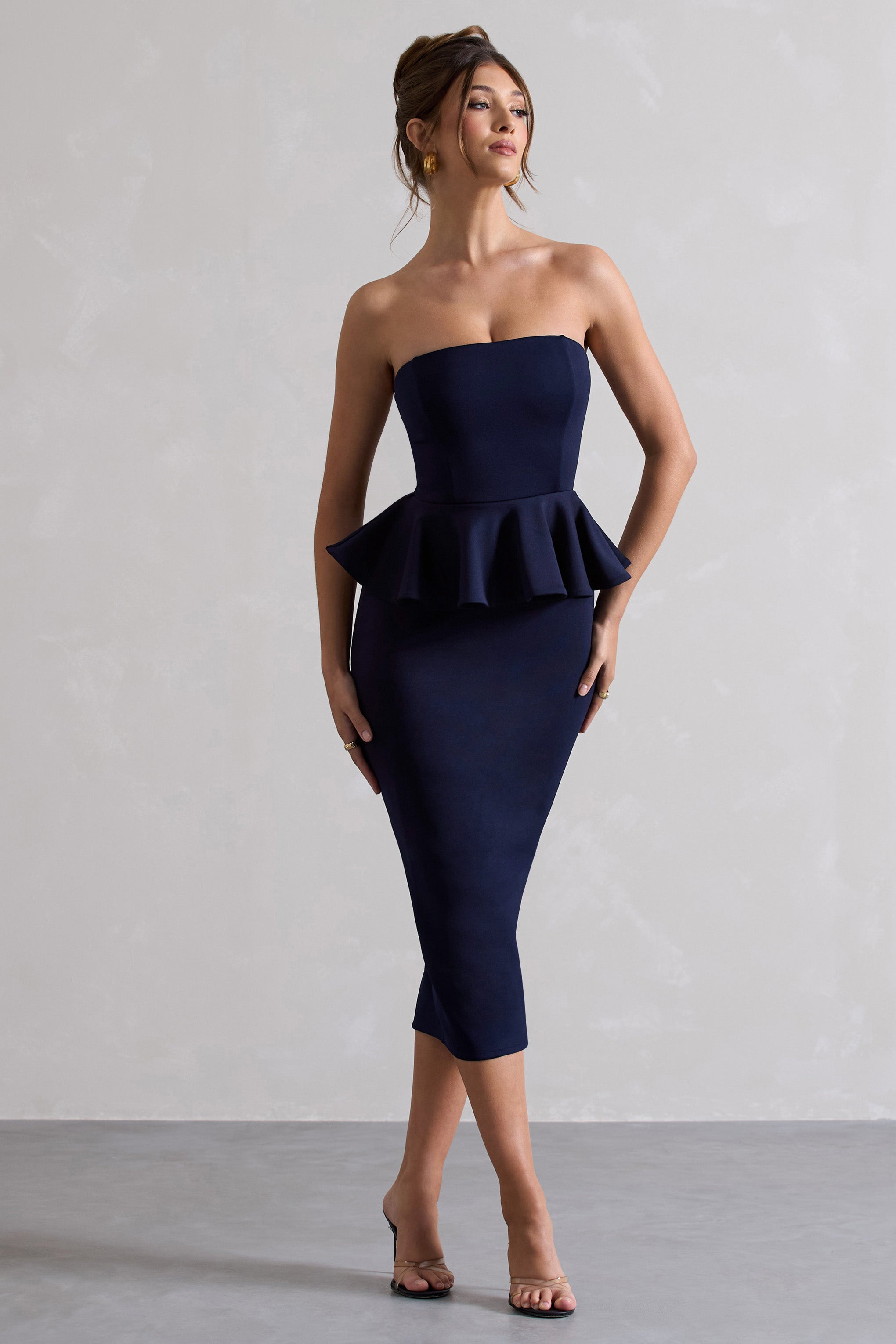 Chicago | Lacivert Straplez Bodycon Midi Elbise Peplum Detayıyla