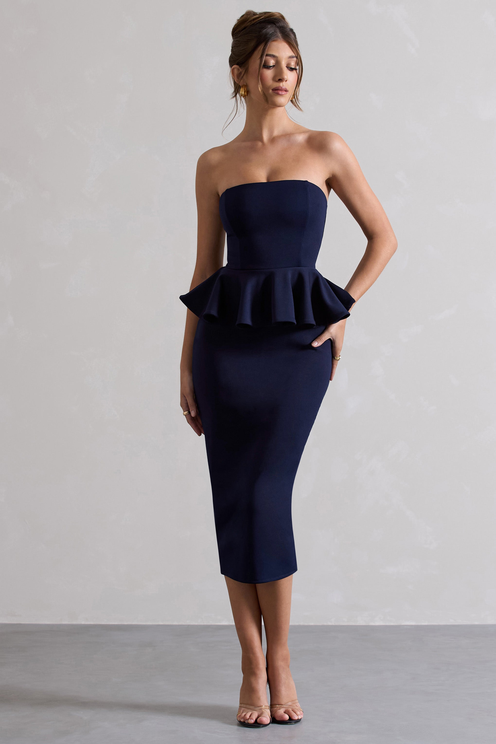 Chicago | Lacivert Straplez Bodycon Midi Elbise Peplum Detayıyla