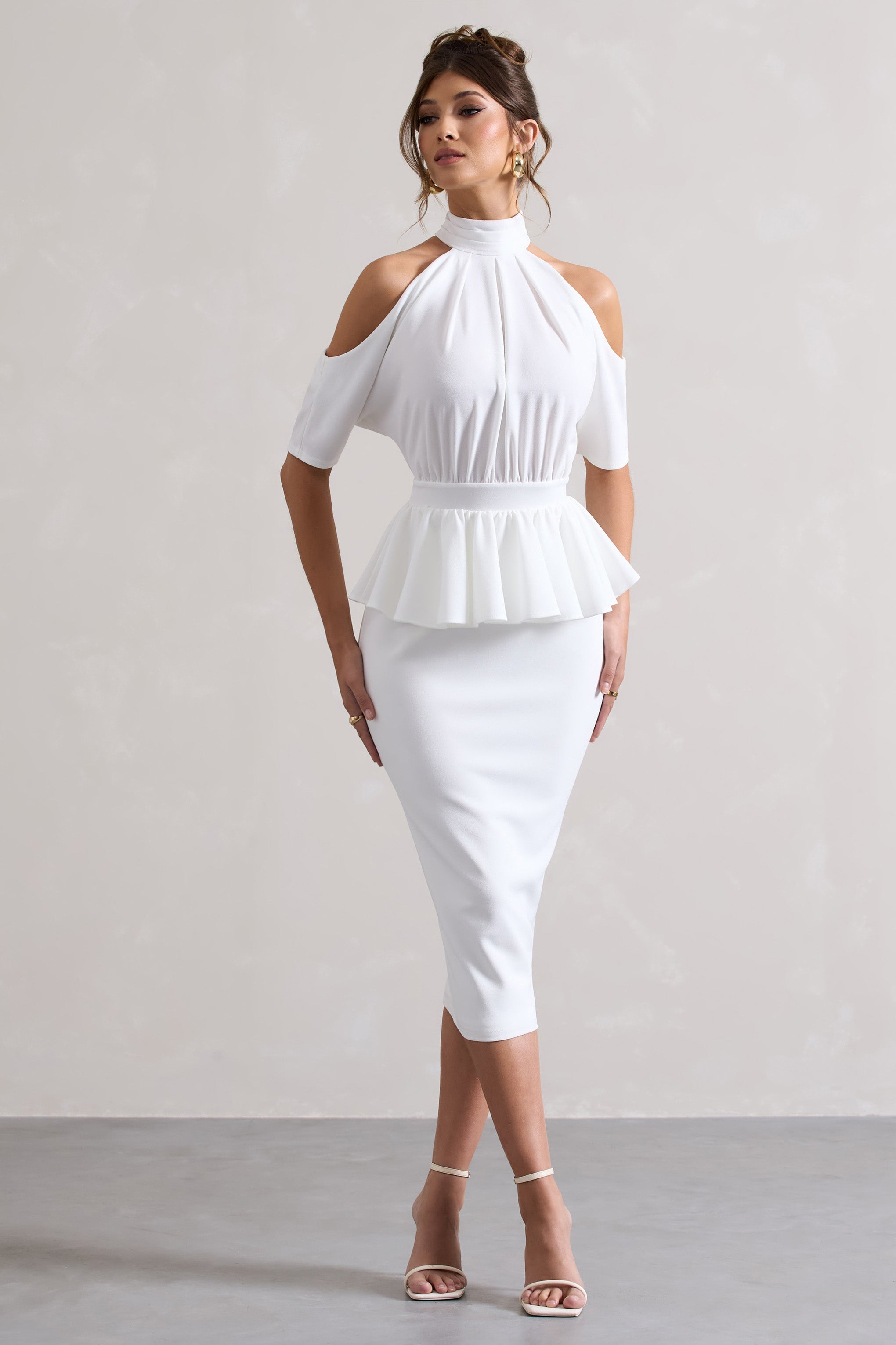 Yves | Peplum Bel Detaylı Beyaz Yüksek Yaka Kesik Midi Elbise