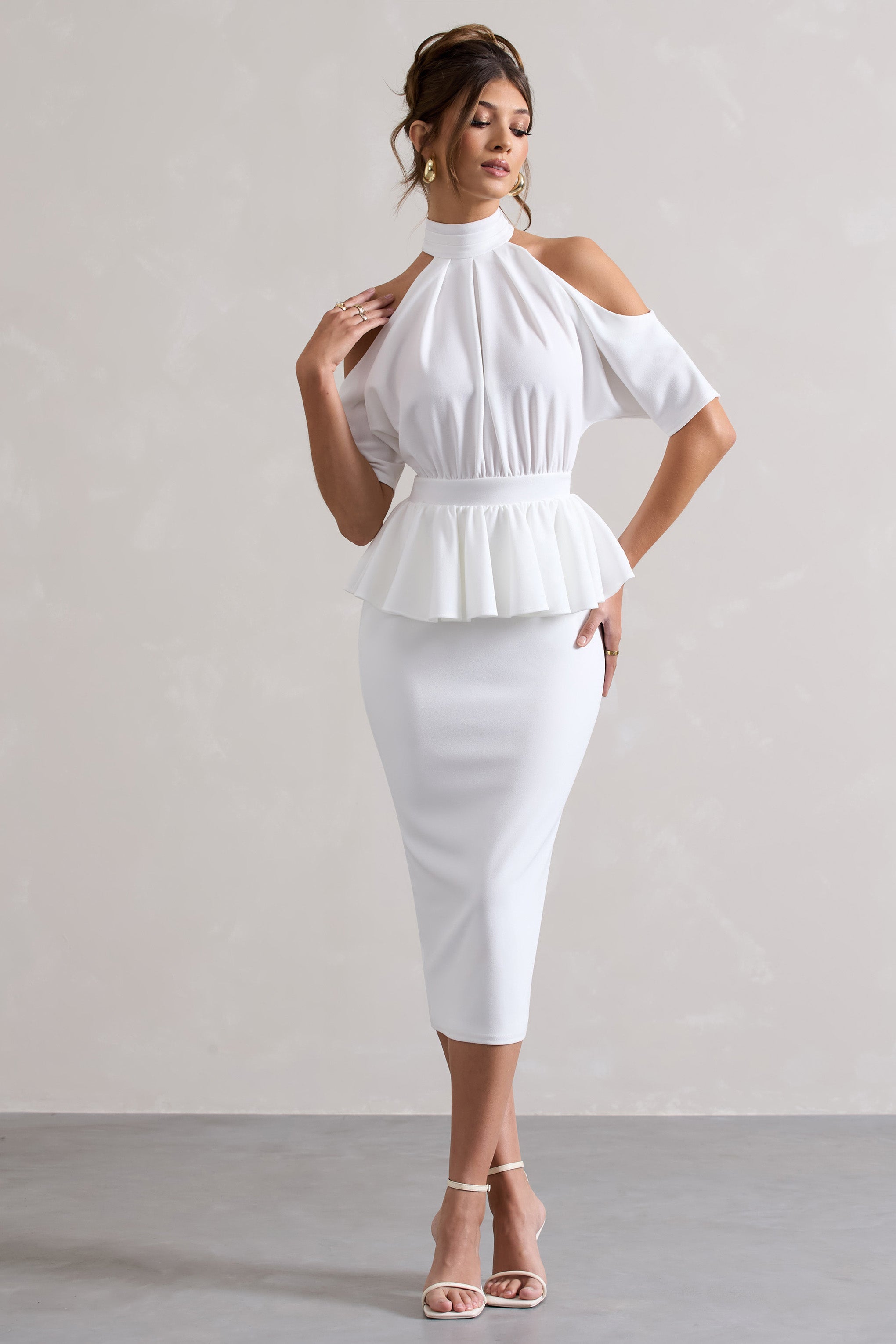 Yves | Peplum Bel Detaylı Beyaz Yüksek Yaka Kesik Midi Elbise