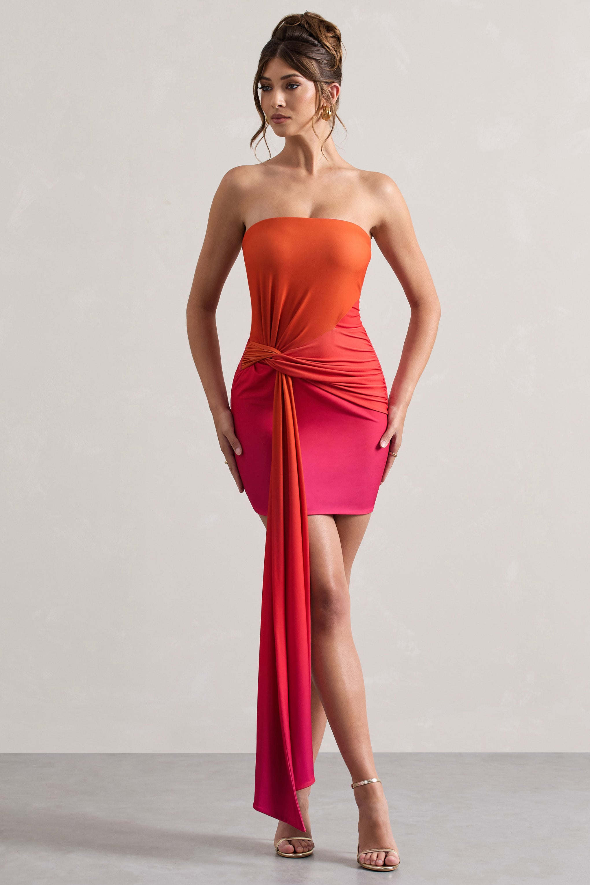 Azora | Pembe & Turuncu Ombre Bandeau Mini Elbise Düğüm Sash ile