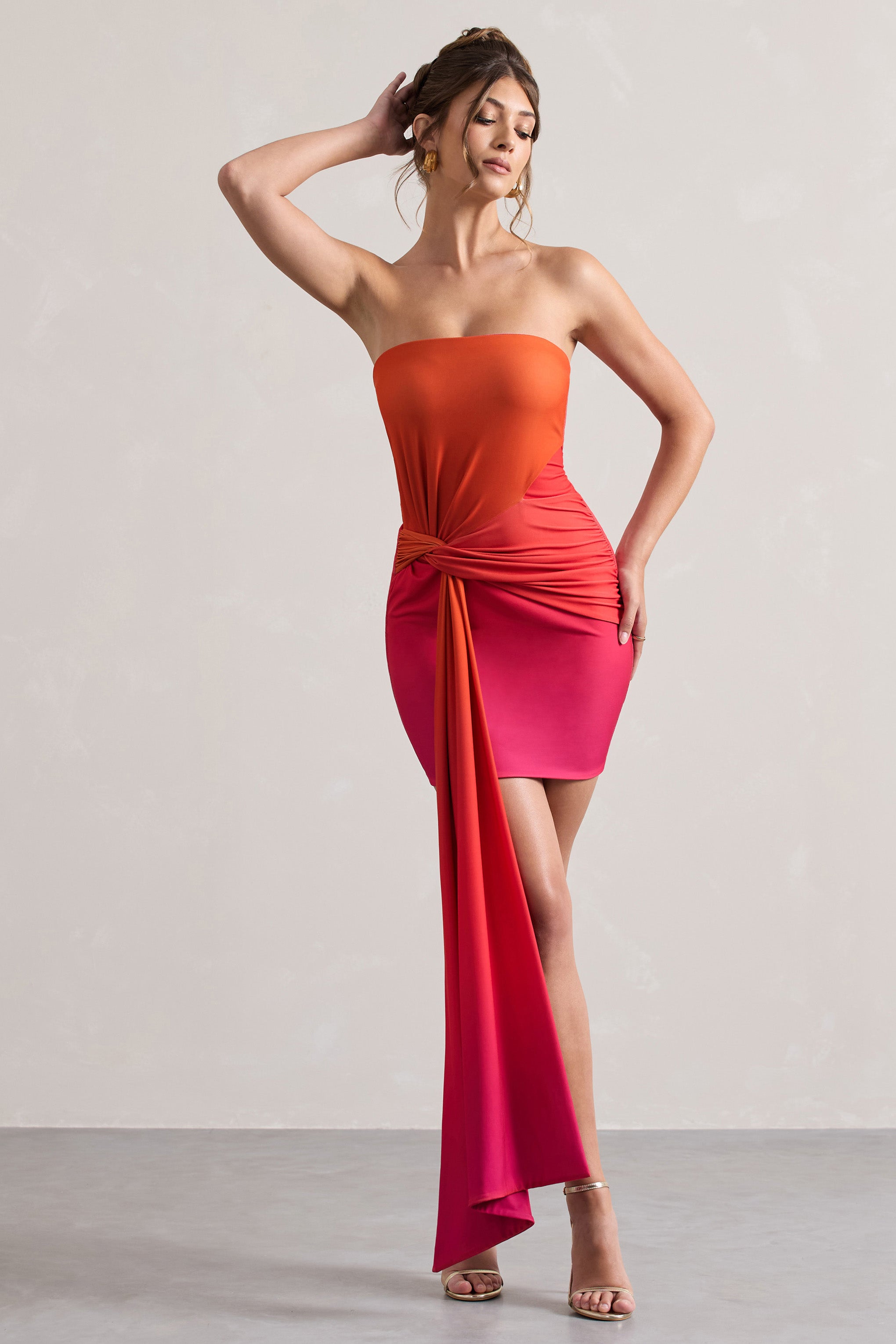 Azora | Pembe & Turuncu Ombre Bandeau Mini Elbise Düğüm Sash ile