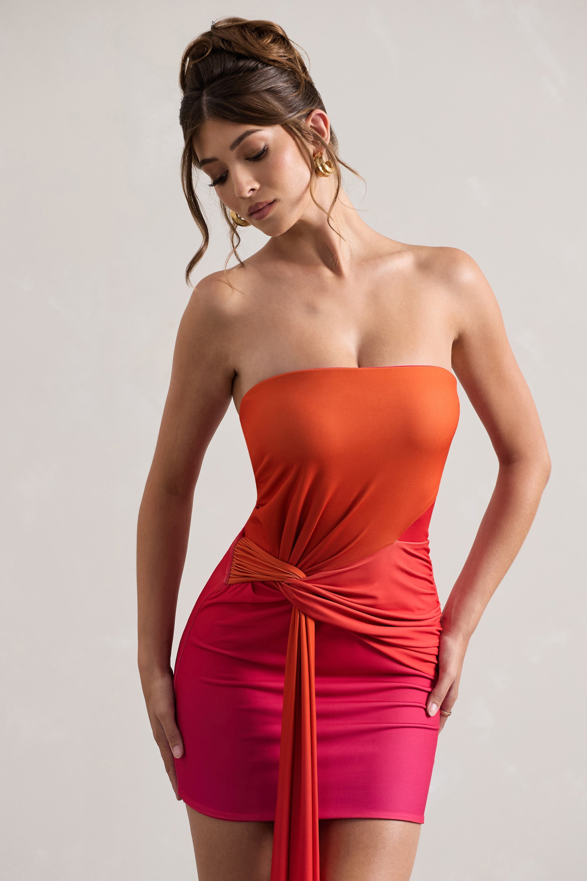Azora | Pembe & Turuncu Ombre Bandeau Mini Elbise Düğüm Sash ile