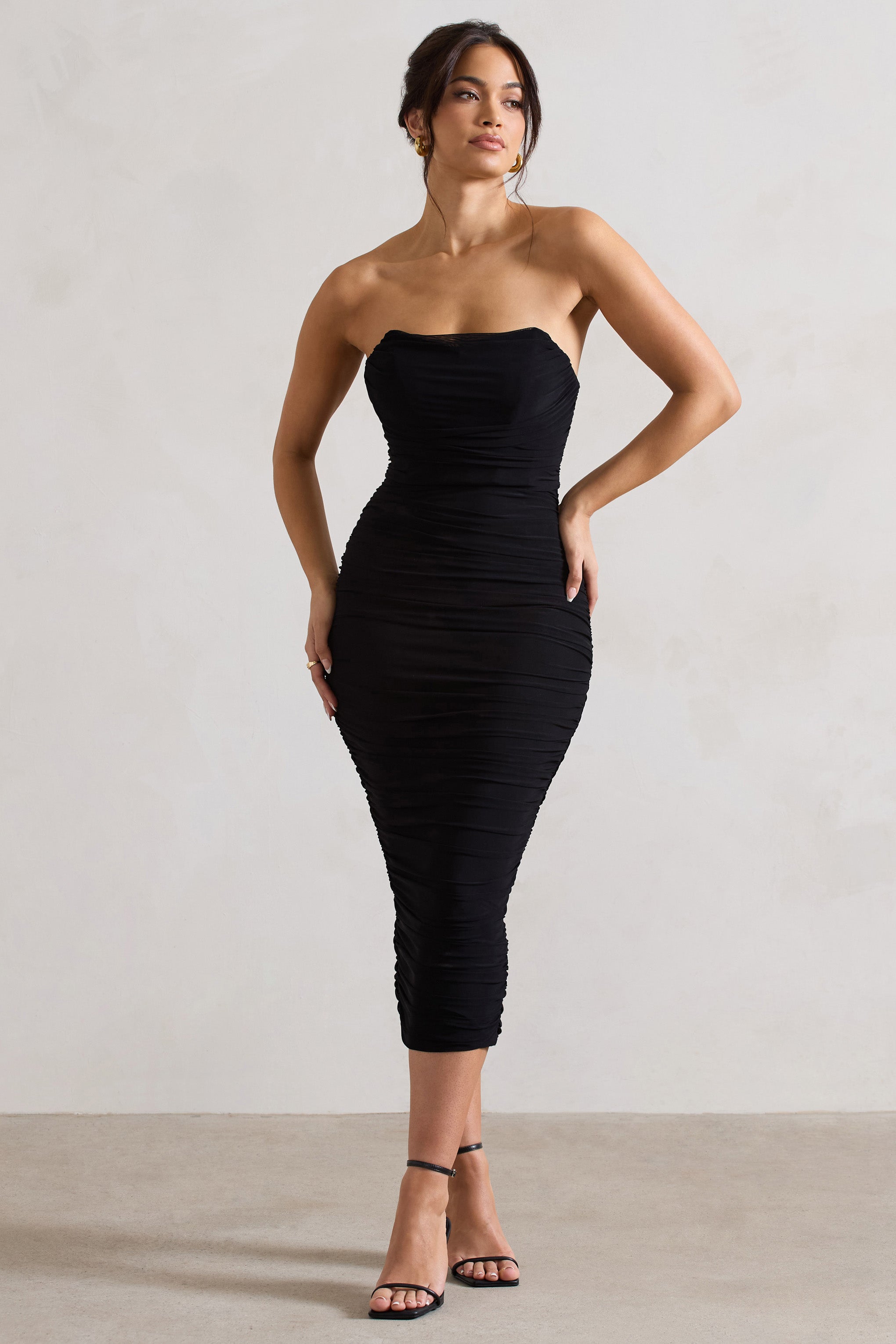 Nylah | Siyah Fırfırlı Korseli Bodycon Midi Elbise