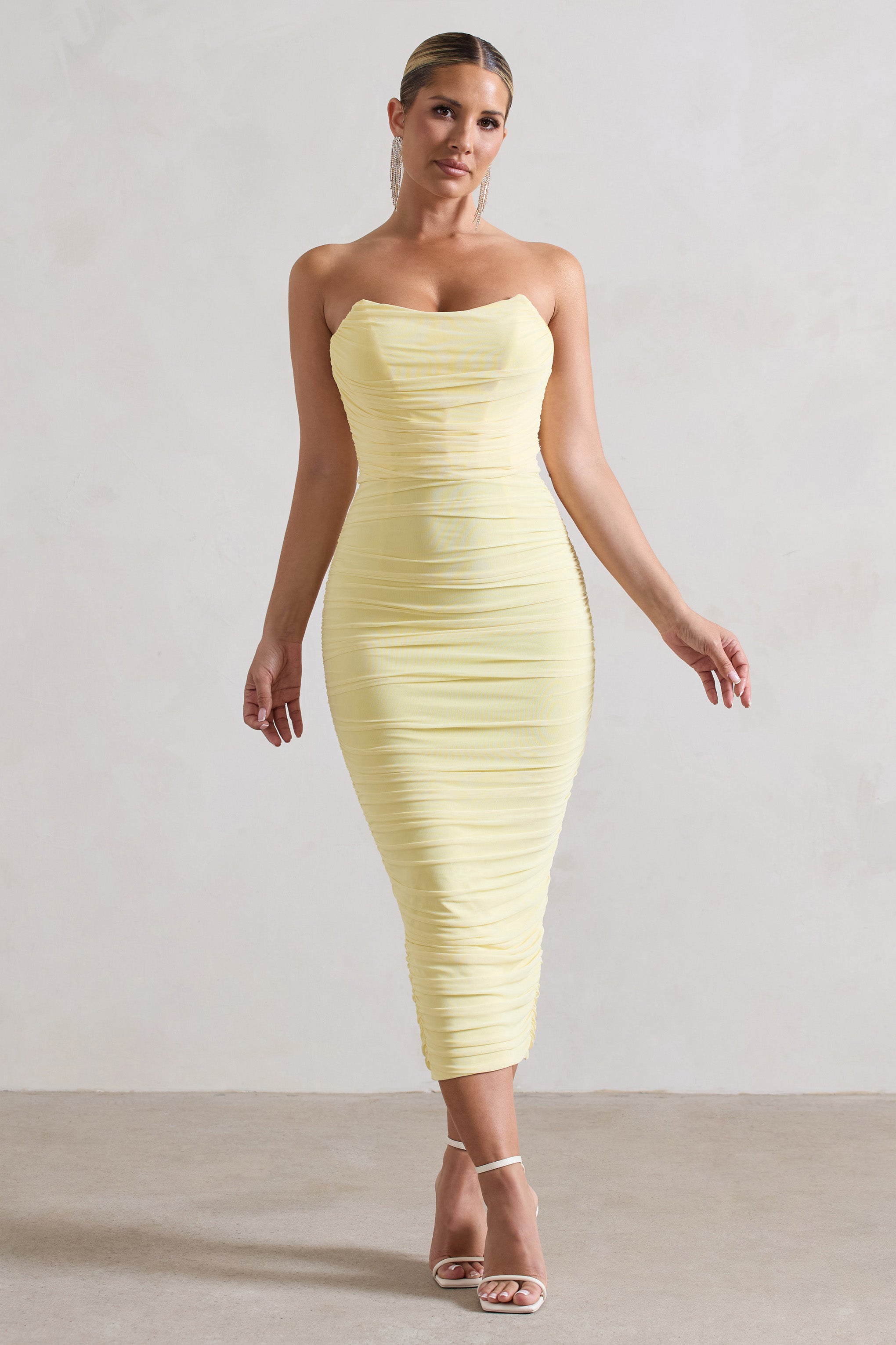 Nylah | Limon Ruchesli Korsaj Bodycon Midi Elbise