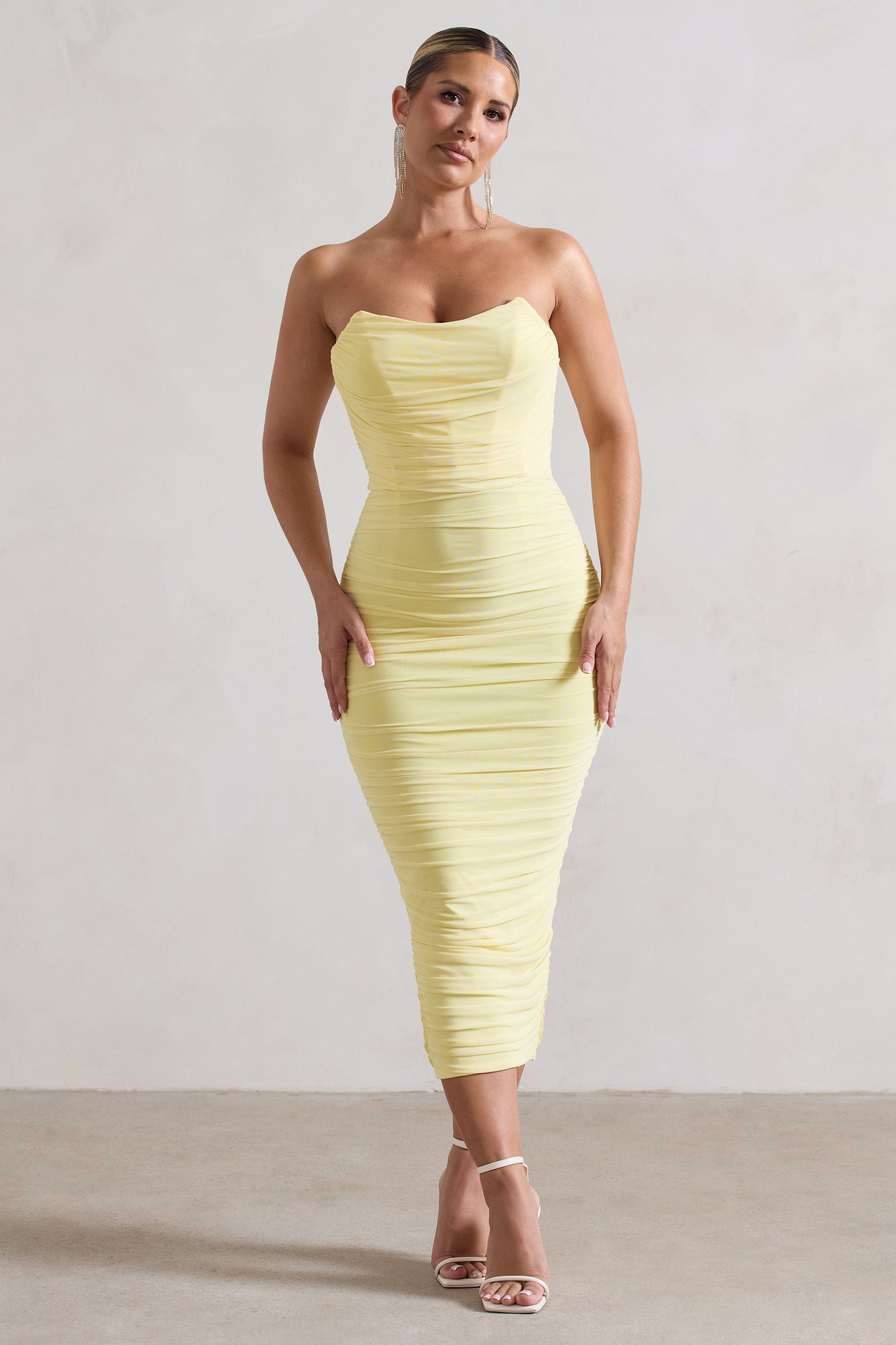 Nylah | Limon Ruchesli Korsaj Bodycon Midi Elbise