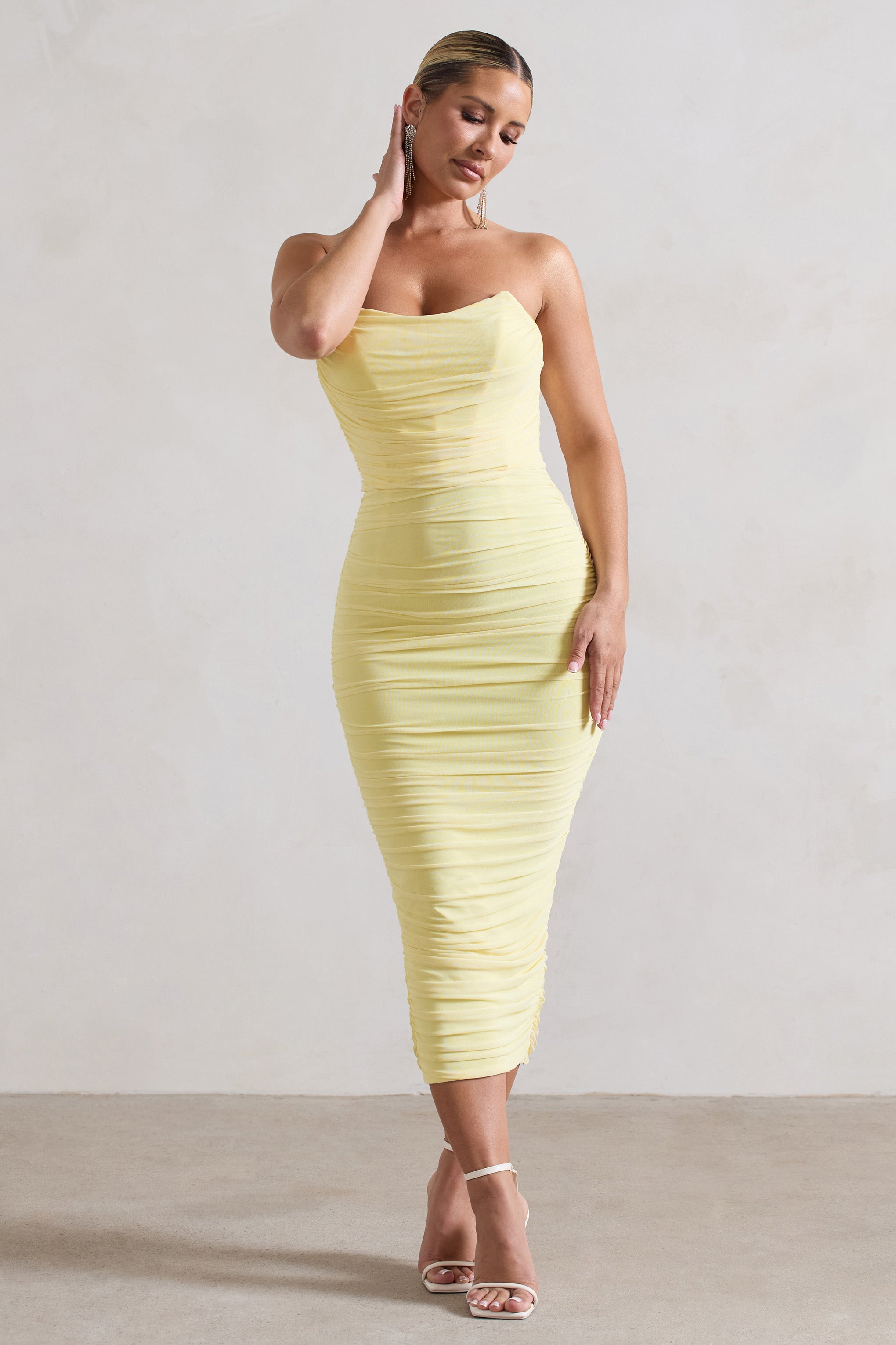 Nylah | Limon Ruchesli Korsaj Bodycon Midi Elbise
