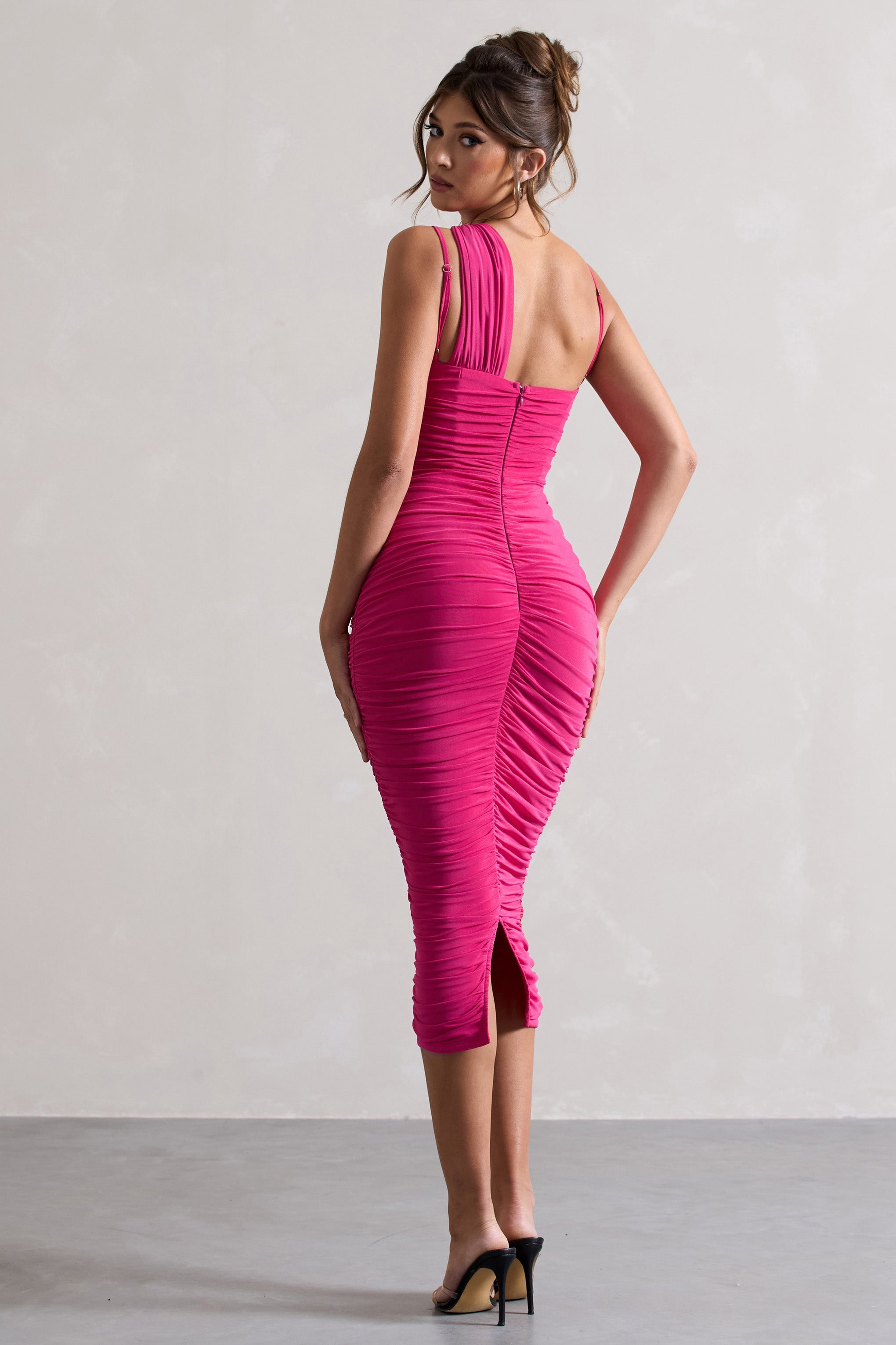 Bellini | Koyu Pembe Asimetrik Fırfırlı Midi Elbise