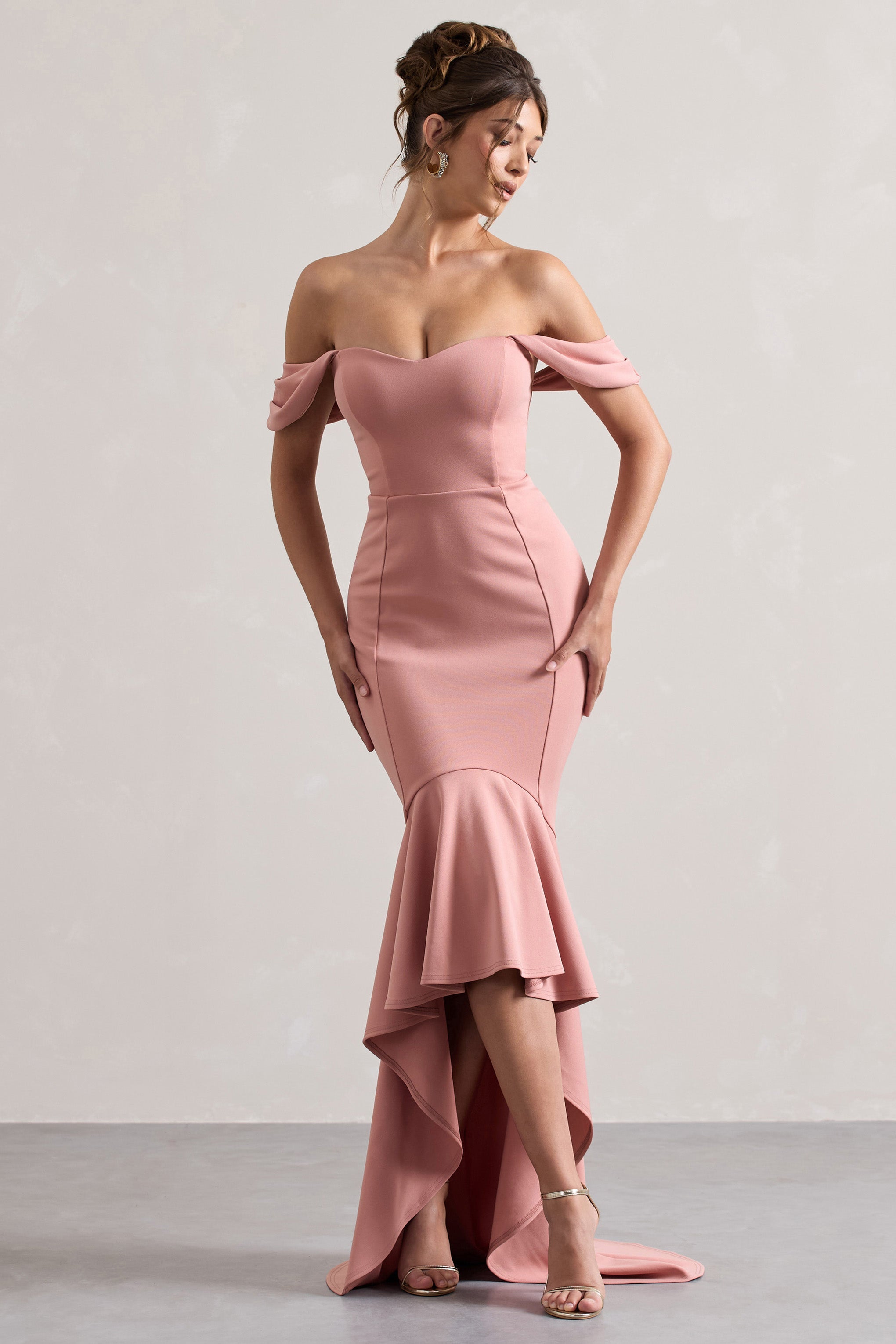 Cotillion | Pembe Kalp Yaka Yüksek-Düşük Maxi Elbise Fırfır Etek