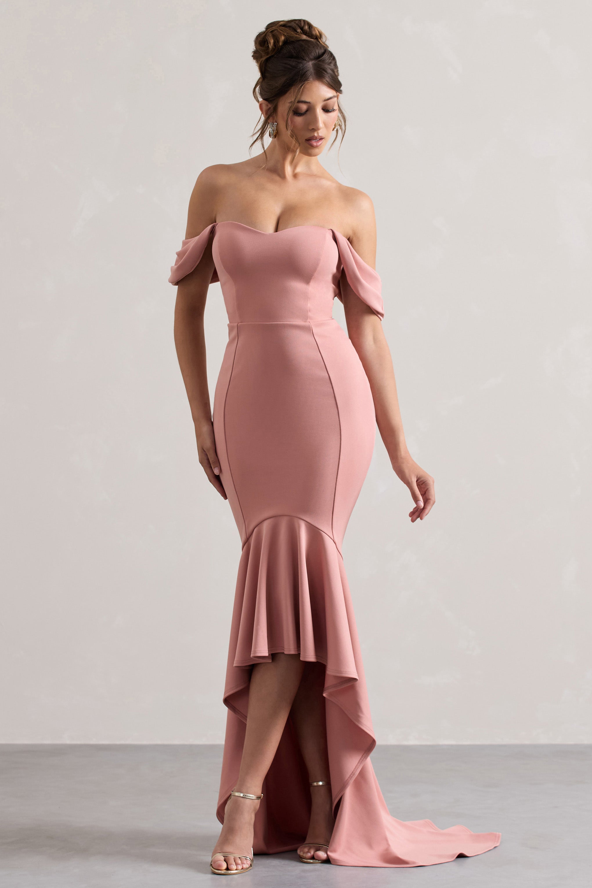 Cotillion | Pembe Kalp Yaka Yüksek-Düşük Maxi Elbise Fırfır Etek