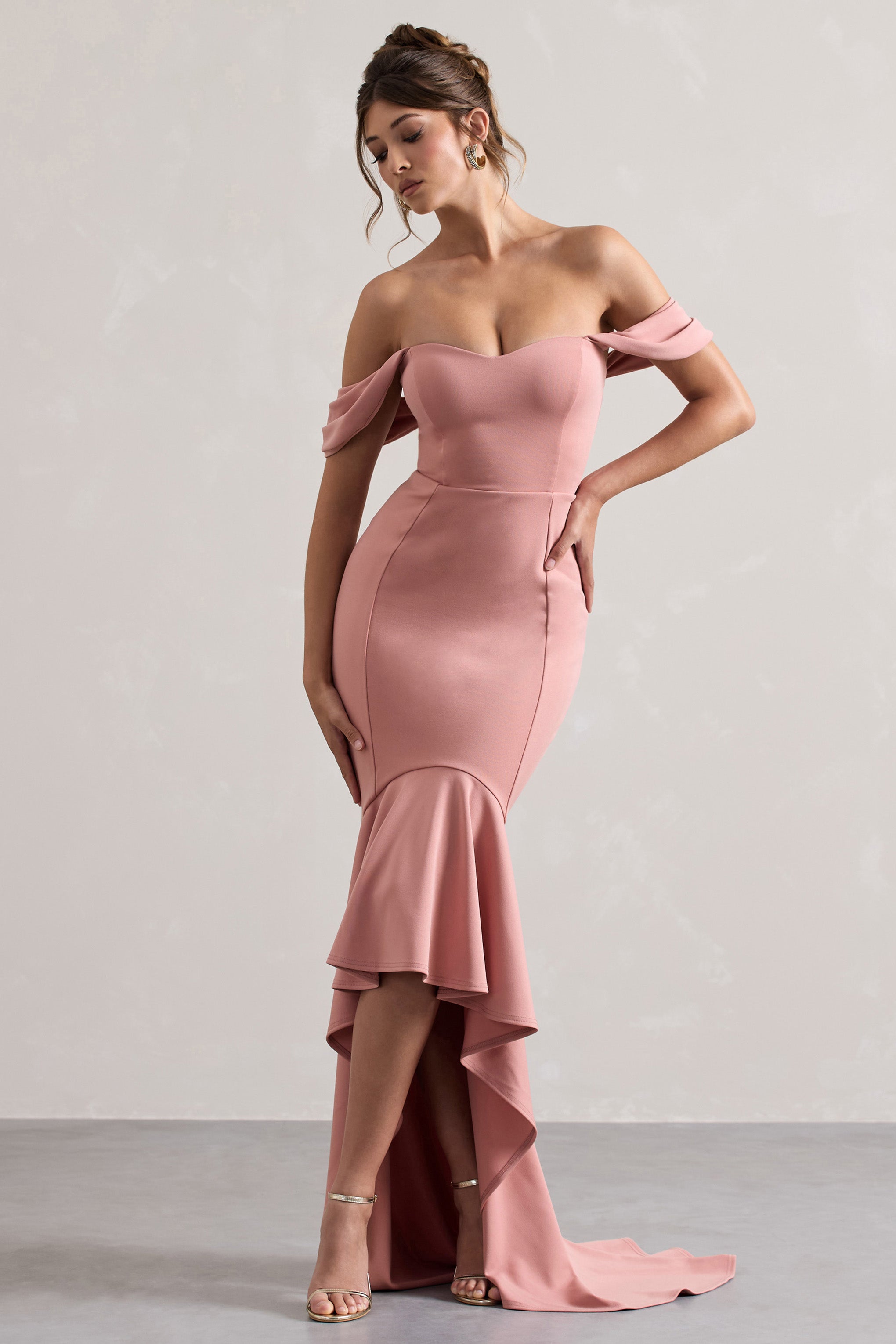 Cotillion | Pembe Kalp Yaka Yüksek-Düşük Maxi Elbise Fırfır Etek