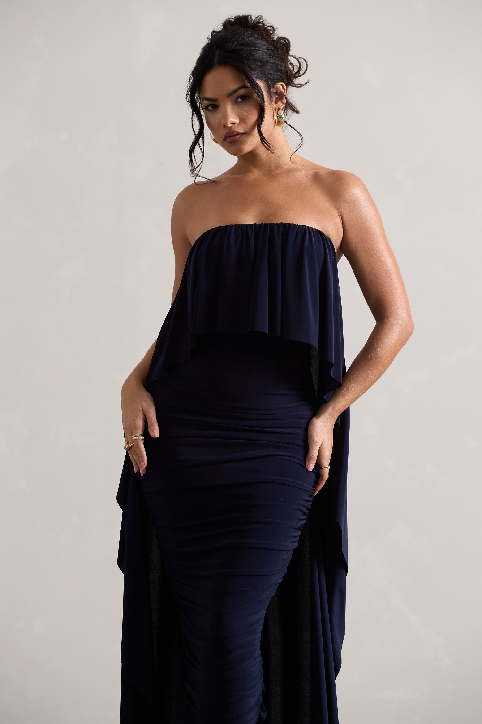 Bir Zamanlar | Navy Rüzgarlı Bandeau Midi Elbise Pelerinli
