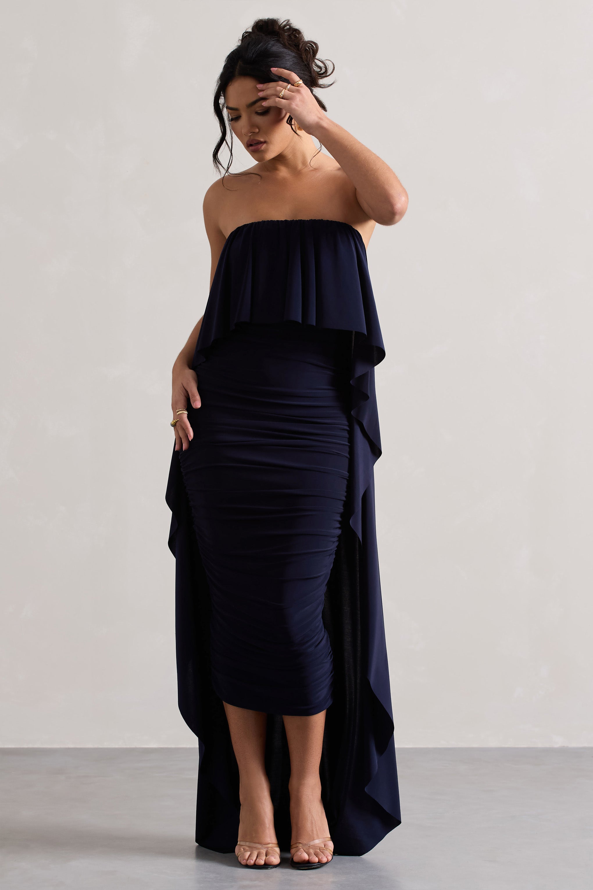 Bir Zamanlar | Navy Rüzgarlı Bandeau Midi Elbise Pelerinli