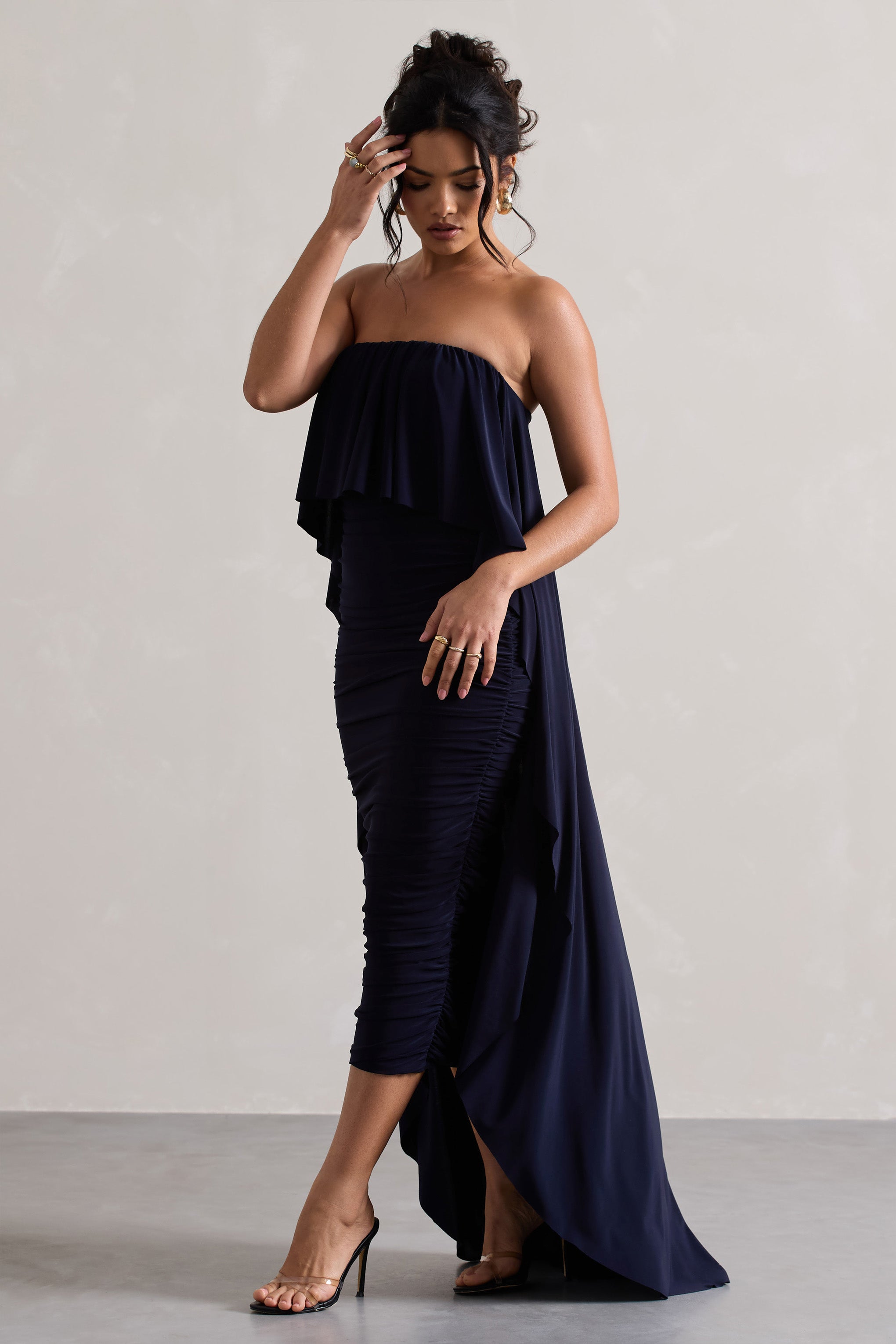Bir Zamanlar | Navy Rüzgarlı Bandeau Midi Elbise Pelerinli