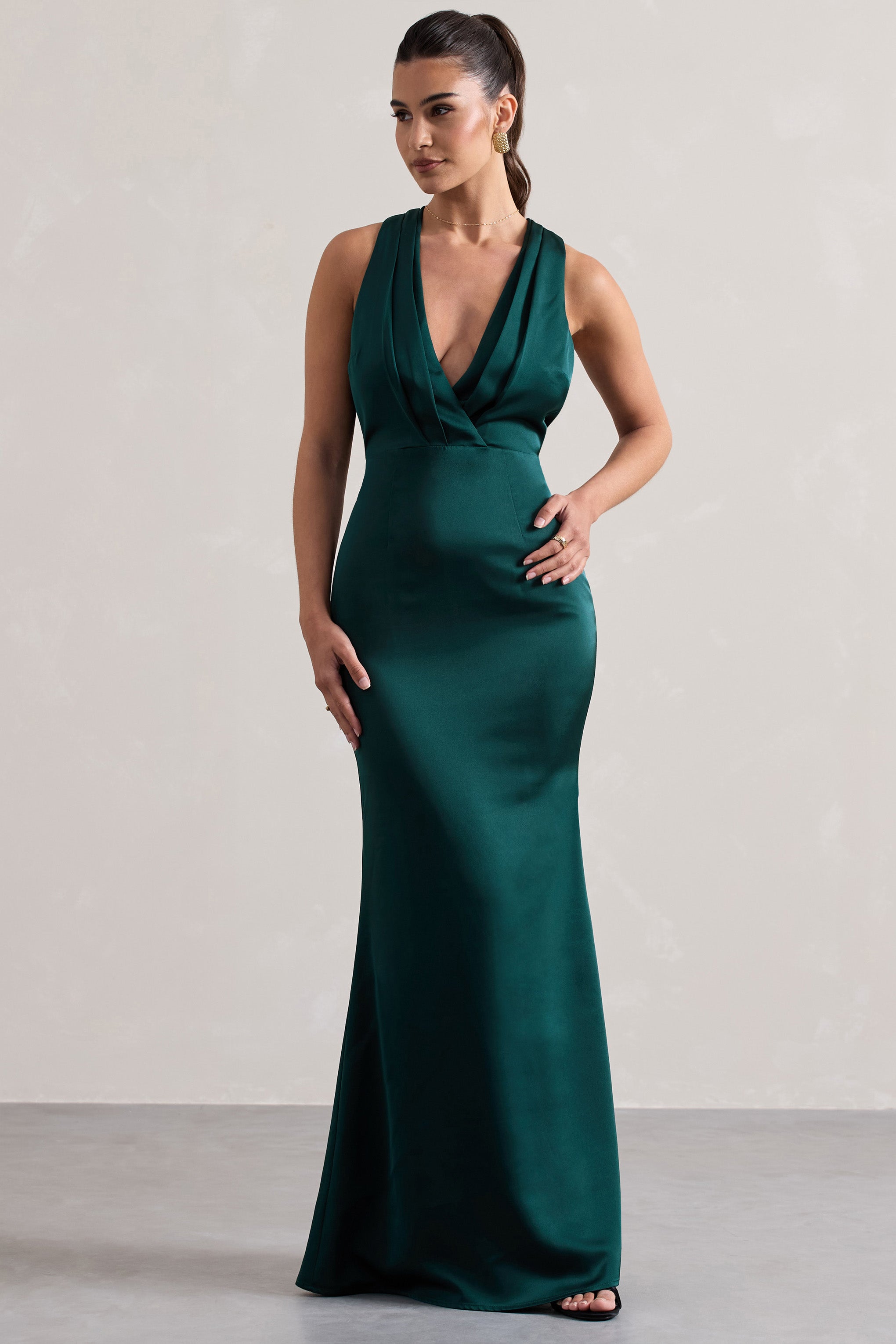 Tiffany | Şişe Yeşili Saten Derin Yırtmaçlı Maxi Elbise