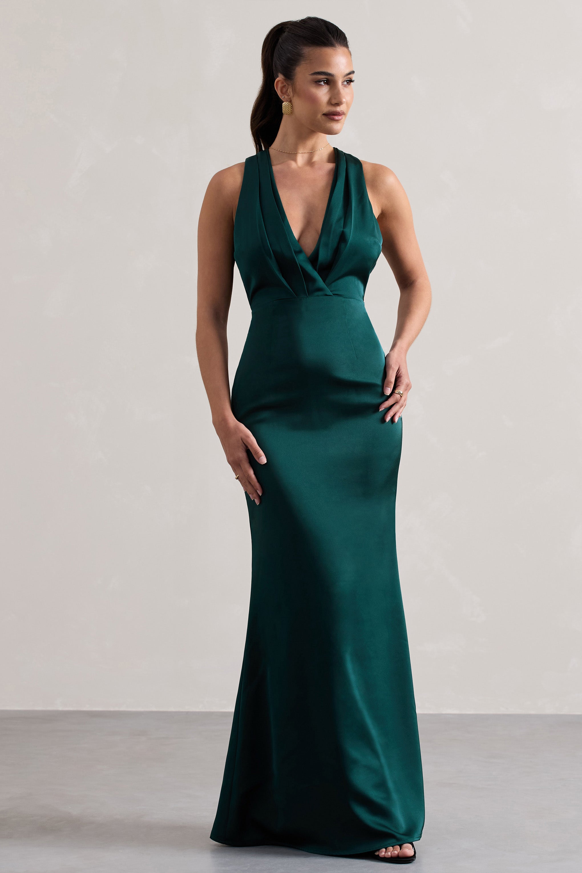 Tiffany | Şişe Yeşili Saten Derin Yırtmaçlı Maxi Elbise