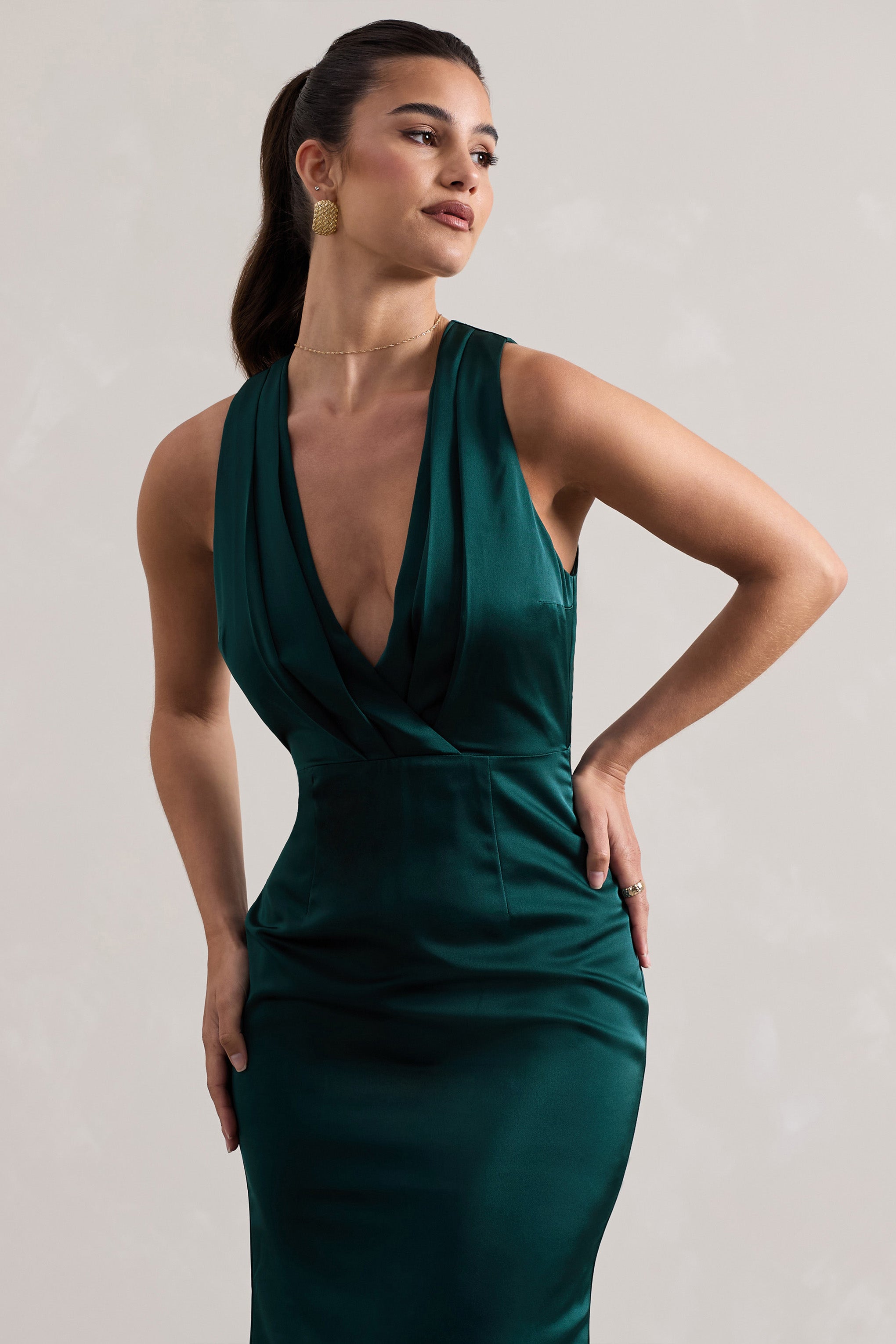 Tiffany | Şişe Yeşili Saten Derin Yırtmaçlı Maxi Elbise