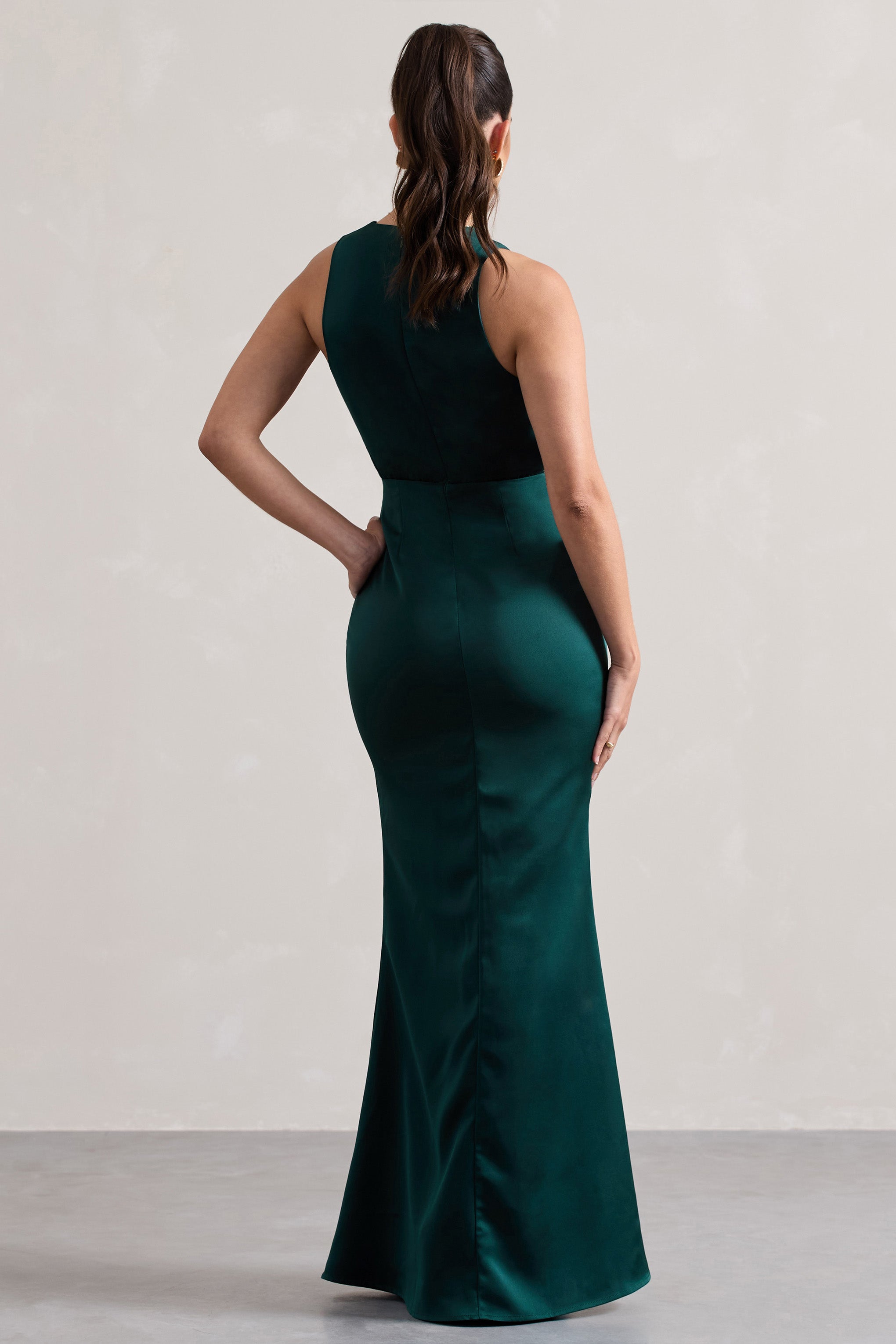 Tiffany | Şişe Yeşili Saten Derin Yırtmaçlı Maxi Elbise