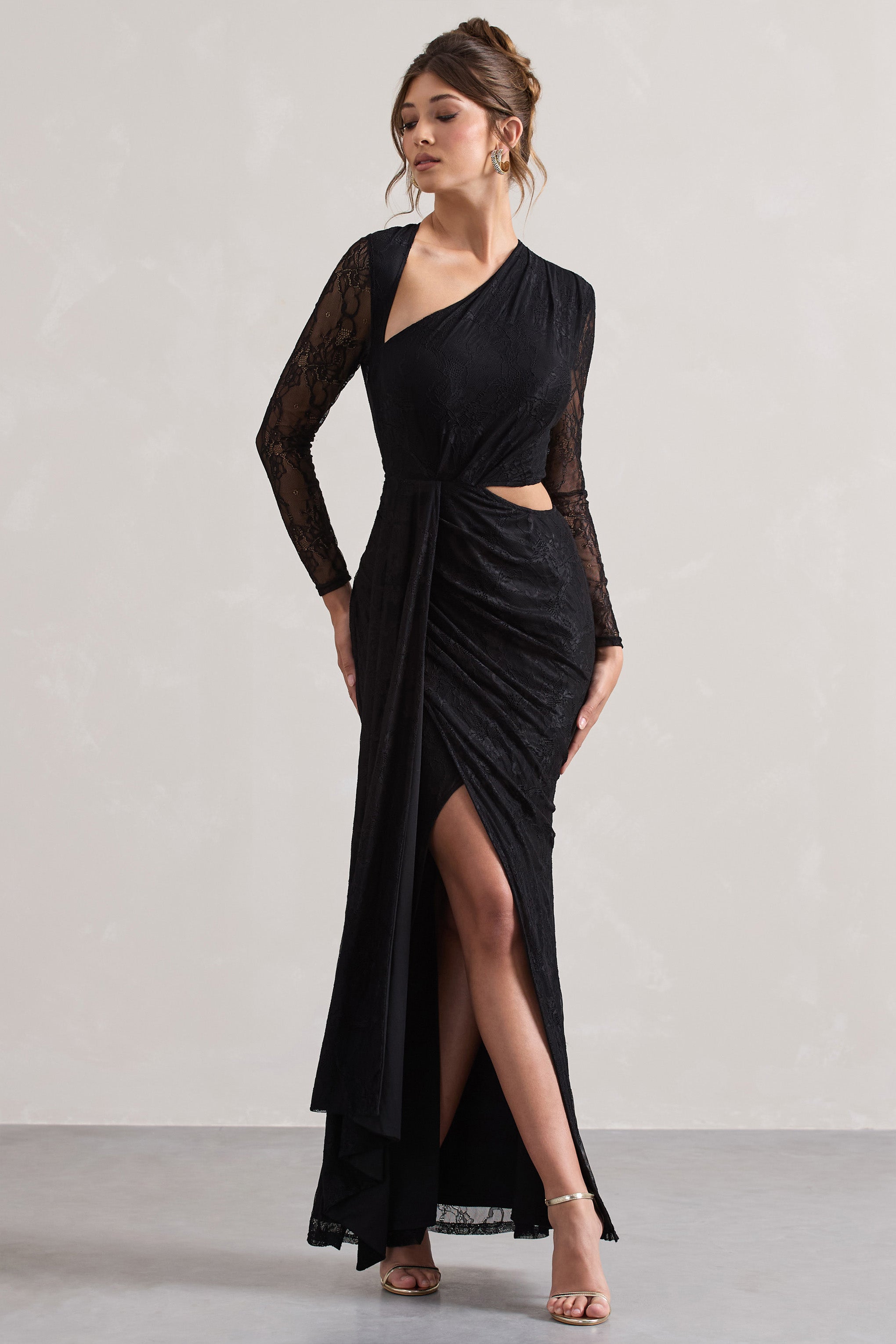 Chantilly | Siyah Dantel Asimetrik Kesim Drapeli Maxi Elbise